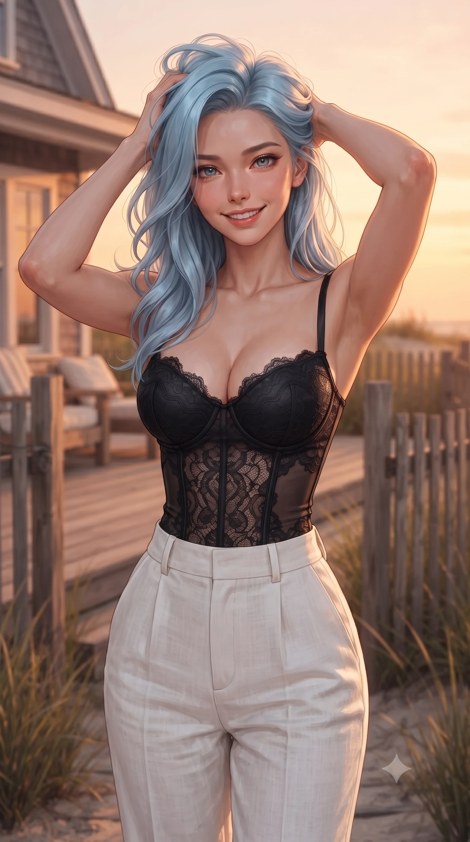 score_9, masterpiece, best quality, ultra-detailed, high-budget anime keyframe, editorial fashion photography, tasteful artistic composition, Korean woman woman. close-up cowboy shot from the waist and thighs up, the character dominates the composition, filling the frame with her large presence, background elements kept in soft focus. smiling with quiet, magnetic self-assurance directly into the camera, running a hand through her hair the background shows a soft-focus a cozy wooden deck of a beachside cottage, surrounded by beachgrass and wooden fences. She has an exceptionally elegant, slender, and willowy female figure with an ultra-slim waist, a gracefully sculpted slender torso, and a refined silhouette. sharp v-shaped jawline, high-bridge nose, intricate jewel-like eyes with depth, thick eyelashes, glossy lips with a natural sheen. wearing a body-hugging delicate lace corset top in black silk, paired with high-waisted white linen trousers. warm sunset light casting a peaceful, cozy orange wash on her figure. ultra-reflective glossy finish, specular highlights, metallic sheen, high-contrast stereoscopic depth, volumetric dynamic lighting, 2k, ultra detail, master piece, 9:16 ratio
