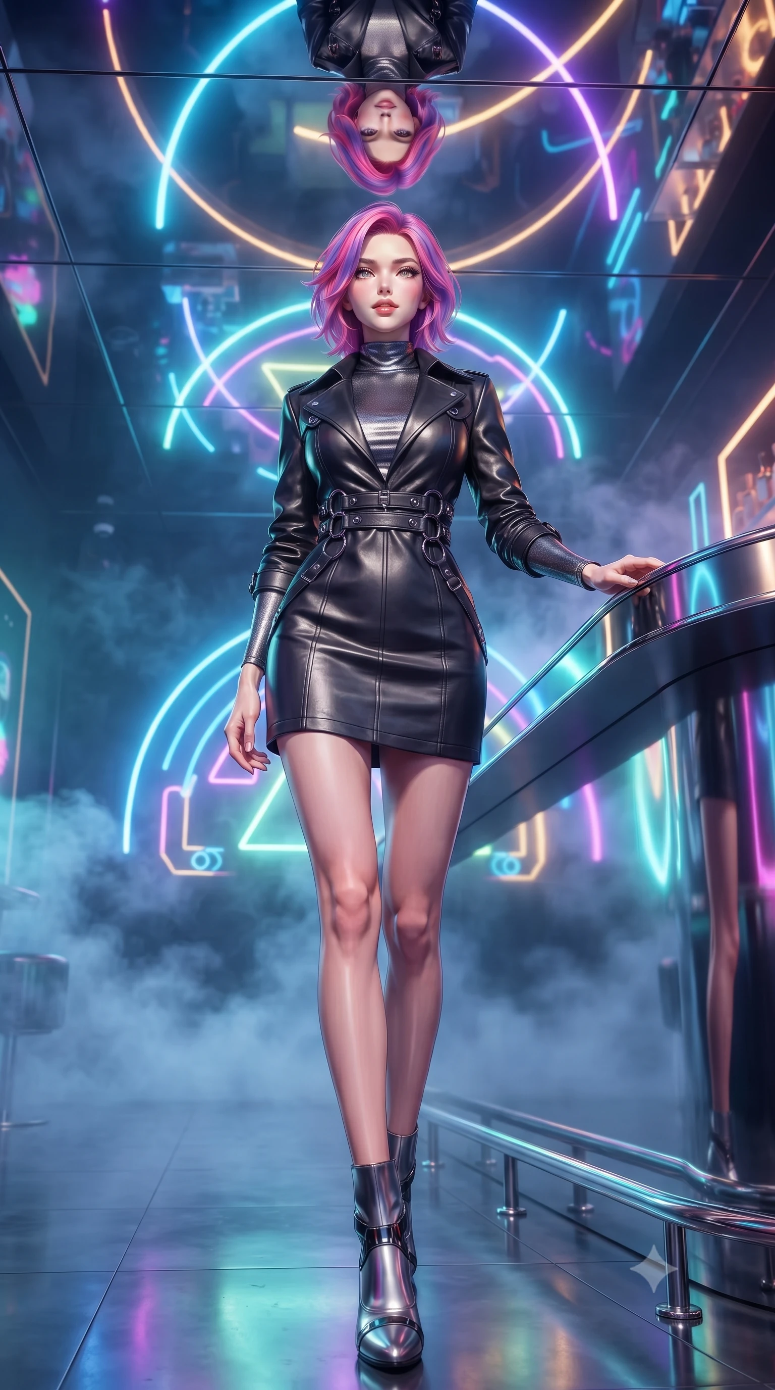 score_9, masterpiece, best quality, ultra-detailed, high-budget anime keyframe, editorial fashion photography, tasteful artistic composition, Caucasian woman. low angle full-body shot from head to toe showing her feet, filling the entire 9:16 vertical frame with her statuesque presence, stretching her vertical silhouette. forging confidently through the floating mist, holding a poised statuesque stance, resting against a polished chrome bar counter reflecting neon neon reflections, mirror ceiling reflecting her statuesque figure and neon arcs in high resolution. She has an absolutely perfect, statuesque 8.5-heads proportion, an exceptionally tall and slender model-like female figure with impossibly long slender legs and an ultra-slim waist. sharp v-shaped jawline, high-bridge nose, intricate jewel-like eyes with depth, thick eyelashes, glossy lips with a natural sheen. wearing structured charcoal trench dress over sleek turtleneck in metallic dark silver, made of polished black leather, trimmed with dark chrome ring hardware along the waist contours, highlighting her statuesque proportions and ultra-slim waistline. bathed in high-contrast specular reflections from mirror ceilings. highly saturated vibrant anime colors, detailed shading with soft gradients, rich glossy textures, high-contrast stereoscopic depth, volumetric dynamic lighting, master piece, 9:16 ratio
