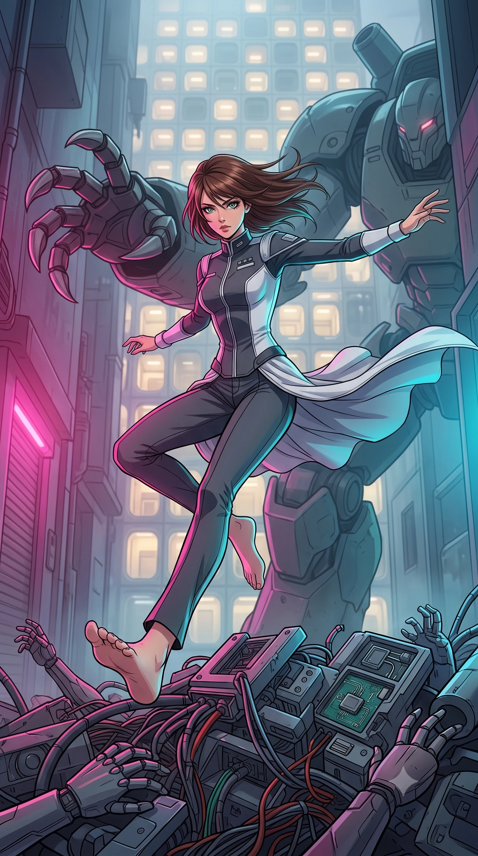 score_9, masterpiece, best quality, ultra-detailed, high-budget anime keyframe, editorial fashion photography, tasteful artistic composition, Korean woman. low angle full-body shot from head to toe showing her feet, filling the entire 9:16 vertical frame with her statuesque presence, stretching her vertical silhouette. acrobatically dodging a heavy mech's swipe by vaulting off a pile of cybernetic debris through a narrow backstreet behind a towering capsule hotel, capsule pod windows glowing like honeycomb cells in the mist. She has a statuesque 8.5-heads proportion, an exceptionally tall, slender and willowy model-like build with impossibly long legs and a highly sculpted ultra-slim waist. sharp v-shaped jawline, high-bridge nose, intricate jewel-like eyes with depth, thick eyelashes, glossy lips with a natural sheen. wearing the lightweight fabric rippling and billowing dramatically with her movement, a slim-fit orbital colony command uniform in dark grey and white paneling, featuring a high collar with rank pins and matching tailored trousers. highly saturated vibrant anime colors, intense vivid color palette, soft 3D volumetric shading, volumetric dynamic lighting, dual-tone lighting with hot magenta from the left and cool cyan from the right. 2k, ultra detail, master piece, 9:16 ratio