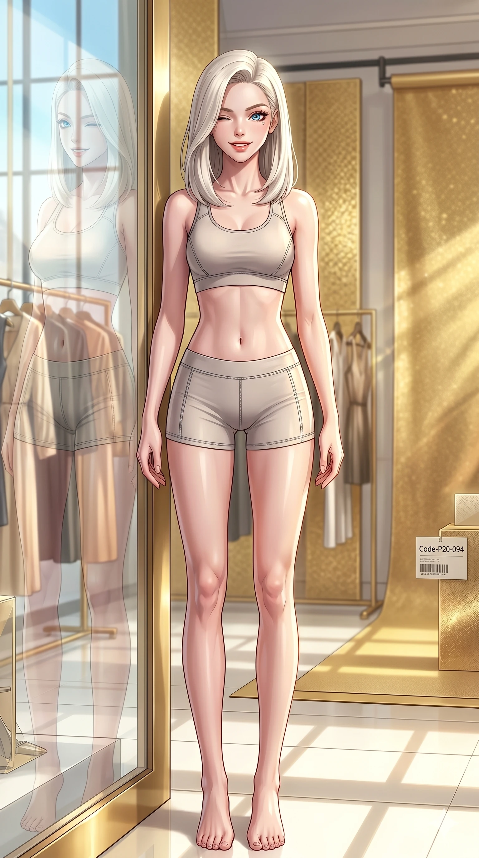score_9, masterpiece, best quality, ultra-detailed, high-budget anime keyframe, vibrant anime aesthetic, Caucasian woman, strictly human ears. cowboy shot from the thighs up, character and outfit filling the frame for maximum presence. She is leaning against a boutique window, winking with a playful and lively expression inside a high-fashion studio with golden backdrops (Code-P20-094). She has an absolutely perfect 8-heads proportion, an exceptionally tall and slender female figure with impossibly long slender legs and an ultra-slim waist. V-shaped jawline, high-bridge nose, intricate jewel-like eyes with depth, thick eyelashes, glossy lips with a natural sheen. wearing a skin-tight activewear set with sports bra and micro-shorts. She is illuminated by bright, direct sunbeams in a photography studio, creating clean outlines. 2k, ultra detail, master piece, 9:16 ratio