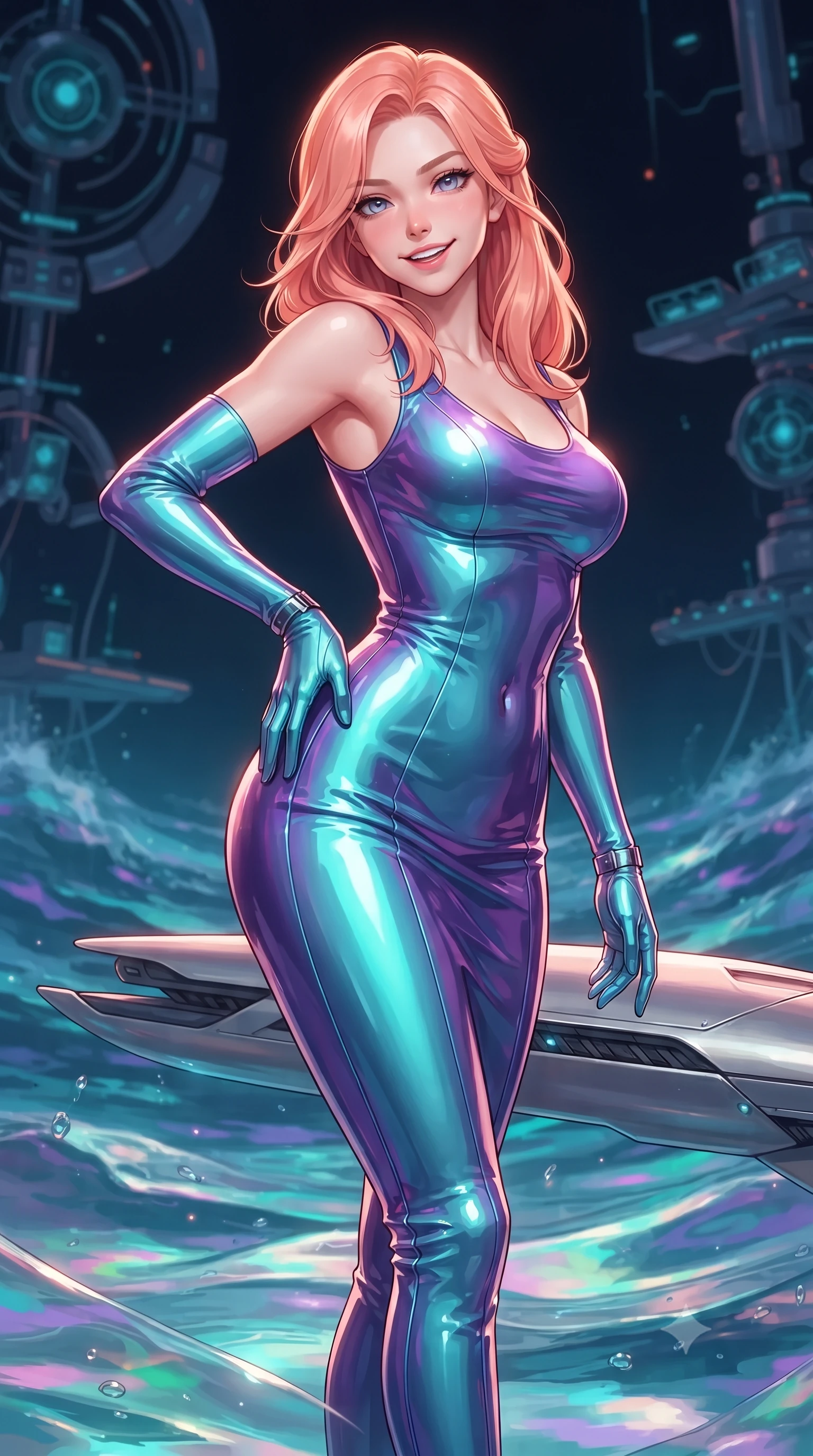 score_9, masterpiece, best quality, ultra-detailed, high-budget anime keyframe, editorial fashion photography, tasteful artistic composition, Japanese woman. close-up cowboy shot from the waist and thighs up, the character dominates the composition, filling the frame with her large presence. tilting her head with a teasing half-smile, running one hand slowly down the side of her hip in a flirtatious S-curve as ambient light caresses her silhouette while standing poised on the aerodynamic titanium pontoon suspended over the iridescent waves of the sentient liquid ocean, arching her back with siren allure. The surrounding environment is rendered in vivid detail and crisp panoramic clarity: sharp brushed titanium deck plates, crystalline chromatic ocean wave ripples, and futuristic scientific sensor arrays in deep focus. She has an exceptionally elegant, slender, and willowy female figure with an ultra-slim waist, flat toned midriff, narrow ribcage, and sculpted feminine hips creating an alluring, slim hourglass silhouette without bulk. sharp v-shaped jawline, high-bridge nose, intricate jewel-like sparkling eyes with depth, thick eyelashes, glossy parted lips with a natural peach sheen, bright cheerful beaming smile with an enchanting and coquettish sensual glint, exuding both youthful cute charm and seductive allure, flawlessly proportioned anatomical accuracy, strict slender model proportions, natural body alignment, perfectly sculpted long slender limbs, ultra-slim waistline, clean dynamic posture without body distortion. wearing a form-fitting liquid mercury jersey evening dress clinging smoothly to her narrow waist and rounded hips in Cheonggyecheon neon aqua and ultraviolet amethyst, tailored from high-gloss patent leather with mirror-like specular highlights, finished with sleek magnetic buckle closures fluttering in the breeze, the glove-like clinging cut tightly following the natural contour of her hips and long slender legs with youthful 8.5-heads elegance. illuminated by chromatic liquid ocean reflection bounce and sharp rose-gold rim lights sculpting her razor-sharp jawline, narrow waist, and curvy hips. ultra-reflective glossy finish, specular highlights, rich textural contrasts, high-contrast stereoscopic depth, volumetric dynamic lighting, 2k, ultra detail, master piece, 9:16 ratio