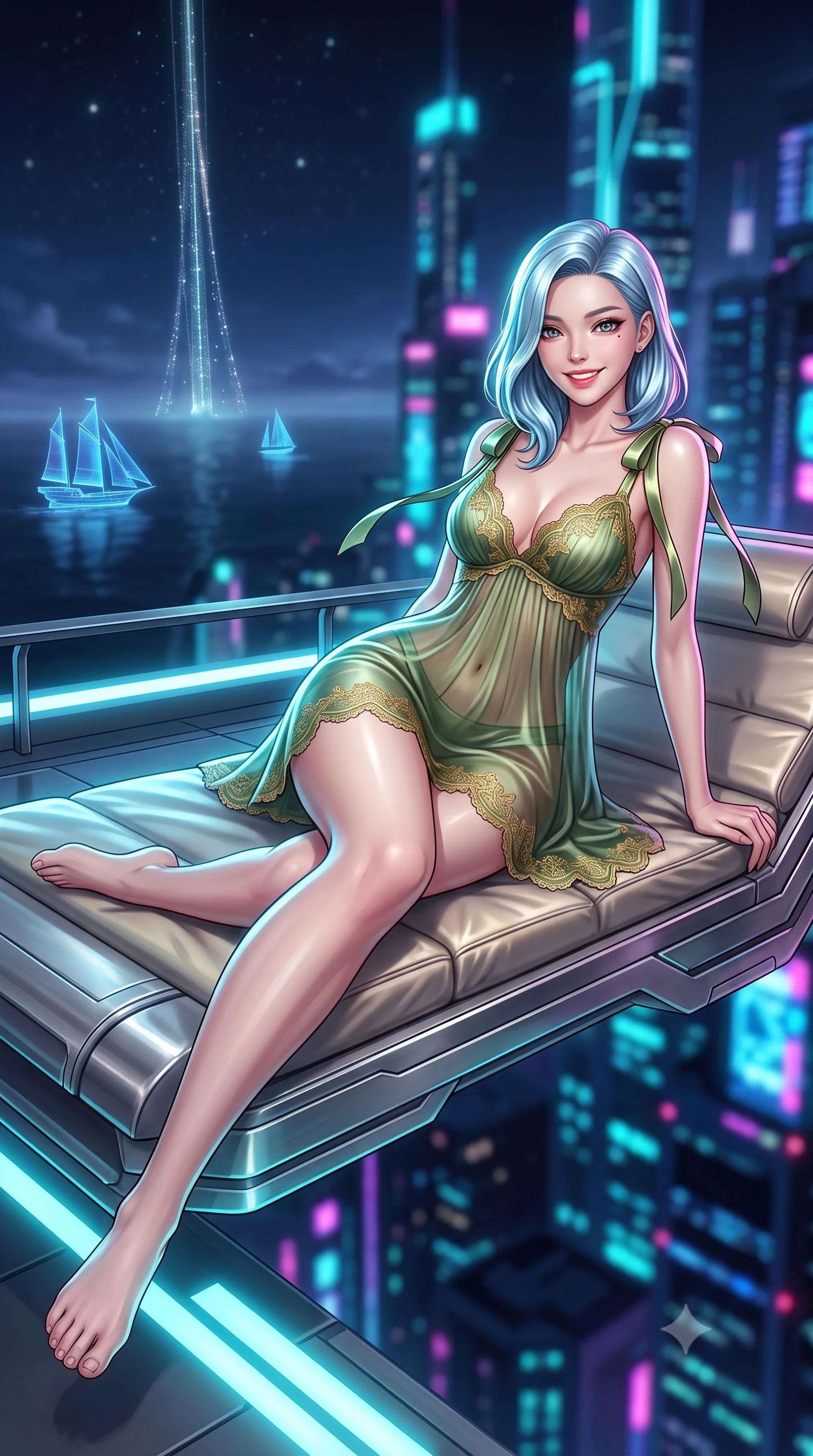 score_9, masterpiece, best quality, ultra-detailed, high-budget anime keyframe, semi-realistic 3D game render, editorial fashion photography, tasteful artistic composition, Korean woman. low angle full-body shot from head to toe showing her feet, filling the entire 9:16 vertical frame with her statuesque presence, stretching her vertical silhouette. stepping forward in a confident stride, her long slender legs and curvaceous hips creating a dynamic, sweeping vertical line while lounging in the floating anti-gravity daybed propped on one elbow, her statuesque 8.5-heads silhouette dominating the sci-fi horizon. The background shows a soft-focus glittering orbital space elevator tether stretching to the stars, holographic sailing vessels gliding on dark sea, and cyberpunk city towers blurred into electric cyan, magenta, and sapphire bokeh. She has an exceptionally tall and slender model-like 8.5-heads proportion, an ultra-slim waist, a flat toned midriff, narrow delicate ribcage, and beautifully sculpted feminine hips creating a graceful, slim hourglass silhouette without any bulky heaviness, with impossibly long slender legs. sharp v-shaped jawline, high-bridge nose, intricate jewel-like sparkling eyes with depth, thick eyelashes, glossy parted lips with a natural peach sheen, bright cheerful beaming smile with an enchanting and coquettish sensual glint, exuding both youthful cute charm and seductive allure, flawlessly proportioned anatomical accuracy, strict slender model proportions, natural body alignment, perfectly sculpted long slender limbs, ultra-slim waistline, clean dynamic posture without body distortion. wearing a form-contouring sheer pleated georgette baby-doll slip with plunging sweetheart neckline and scalloped lace trim in Gion antique matcha green and gilded gold leaf, crafted from fluid liquid silk satin that clings smoothly to her narrow waist and rounded hips with a dewy sheen, finished with satin ribbon ties at the shoulders fluttering in the gentle breeze, the glove-like clinging cut tightly following the natural contour of her hips and long slender legs with youthful 8.5-heads elegance. illuminated by platform edge electroluminescent strips and sharp platinum-cyan rim lights sculpting her jawline, narrow waist, and curvy hips. highly saturated vibrant anime colors, detailed shading with soft gradients, rich glossy textures, high-contrast stereoscopic depth, volumetric dynamic lighting, master piece, 9:16 ratio