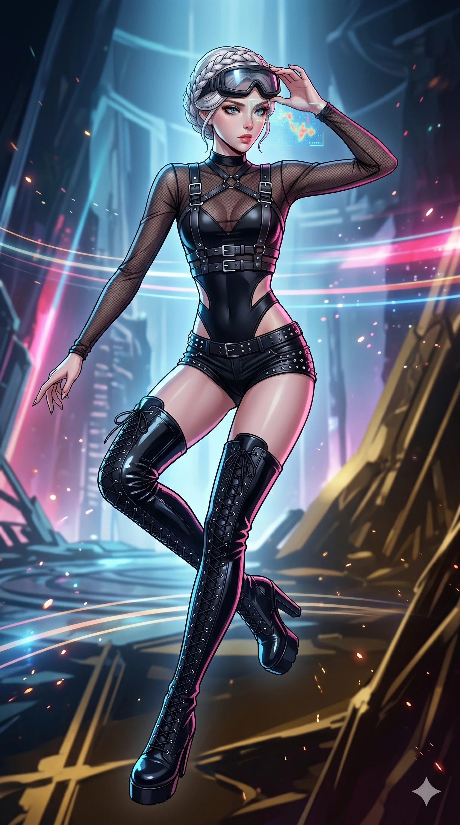 score_9, masterpiece, best quality, ultra-detailed, high-budget anime movie keyframe, cinematic anime lighting, intricate line art, Korean woman. Mid-air action shot capturing a graceful twist and vertical silhouette. adjusting her tactical goggles as they scan for heat signatures. She has an absolutely perfect 8-heads proportion, an exceptionally tall and slender female figure with an ultra-slim waist and impossibly long slender legs. strictly human anatomy, two legs only, no extra limbs, clearly defined legs and arms, perfect anatomy, perfect hands and fingers. sharp v-shaped jawline, high-bridge nose, intricate jewel-like eyes, thick eyelashes, glossy lips. Wearing K-Idol Stage: Leather harness over mesh, high-cut bodysuit, studded micro-shorts, and thigh-high patent boots. The scene is illuminated by dramatic atmospheric lighting and vibrant color palettes. , 2k, ultra detail, master piece, 9:16 ratio
