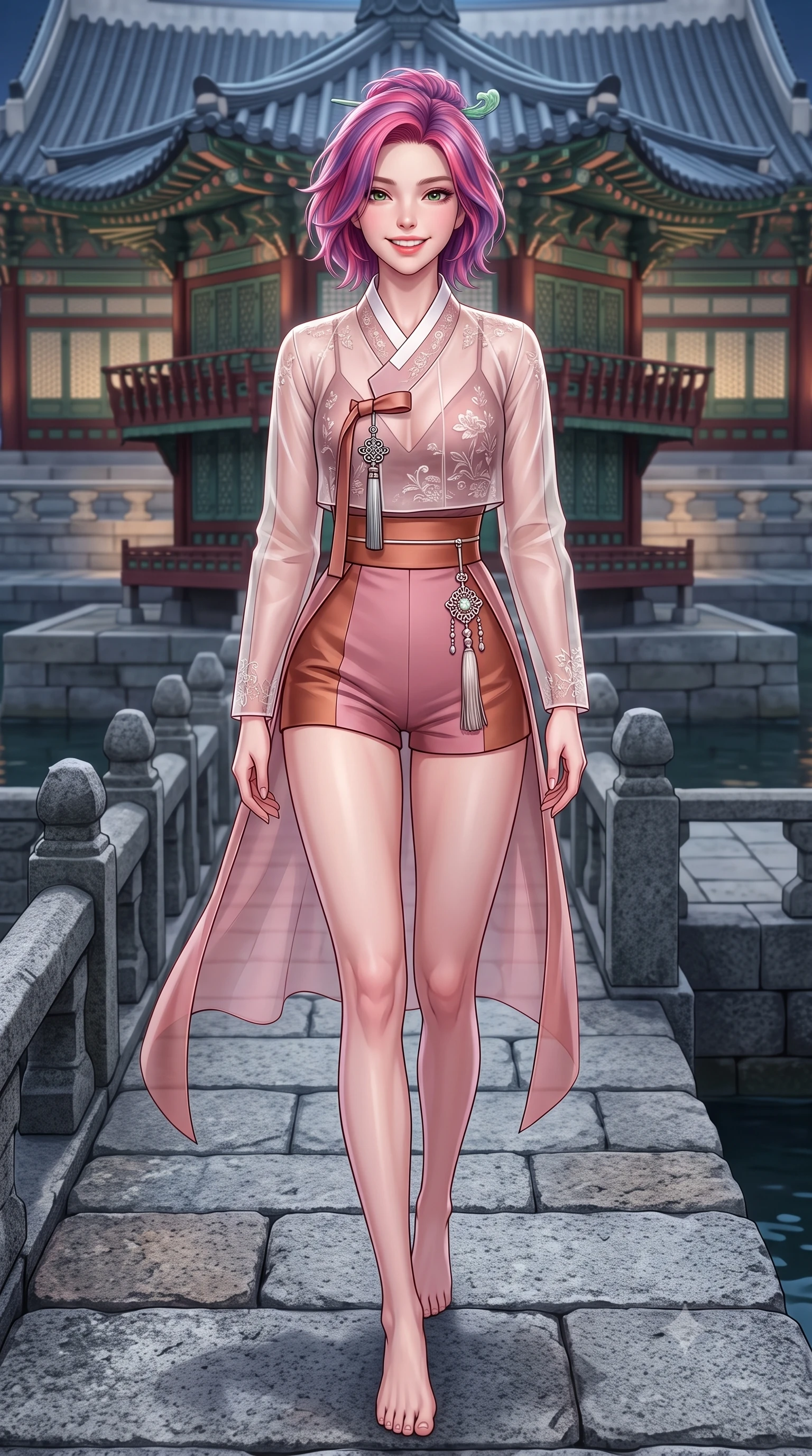 score_9, masterpiece, best quality, ultra-detailed, high-budget anime keyframe, semi-realistic 3D game render, editorial fashion photography, tasteful artistic composition, Caucasian woman. low angle full-body shot from head to toe showing her feet, filling the entire 9:16 vertical frame with her statuesque presence, stretching her vertical silhouette. stepping forward gracefully across the stone bridge in mid-motion with a radiant beaming smile, hips swaying in an alluring kinetic rhythm that accentuates her curvy hourglass silhouette and long slender legs while sitting poised on the stone steps of the island pavilion with legs crossed, her modern fusion hanbok trailing gracefully across ancient granite. The surrounding environment is rendered in vivid detail and crisp panoramic clarity: detailed sheer jeogori silk weave, delicate norigae jewelry sparkle, and Joseon royal palace architecture in razor-sharp precision. She has an absolutely perfect, statuesque 8.5-heads proportion, an exceptionally tall and slender model-like female figure with impossibly long slender legs, an ultra-slim waist, a flat toned midriff, narrow delicate ribcage, and beautifully sculpted feminine hips creating a graceful, slim hourglass silhouette without any bulky heaviness. sharp v-shaped jawline, high-bridge nose, intricate jewel-like dark sparkling almond eyes with depth, thick lashes, glossy parted lips with a natural rose-plum sheen, bright alluring and coquettish smile with bedroom-eyes, exuding both timeless oriental elegance and sovereign high-fashion allure, flawlessly proportioned anatomical accuracy, strict slender model proportions, natural body alignment, perfectly sculpted long slender limbs, ultra-slim waistline, clean dynamic posture without body distortion. wearing a cropped embroidered silk jacket worn over a plunging camisole top and tailored high-waisted hot-pants in dusty rose pink and burnished copper, tailored from sheer gossamer silk organza with an airy weightless flutter, featuring a modern sculptural jade hair pin securing her loose silky updo, the liquid-tight tailored silk fabric clinging flawlessly to her narrow waist and rounded feminine hips, emphasizing every millimeter of her sculpted slim hourglass curves without any bulky heaviness. bathed in soft architectural spotlights illuminating the historic royal pavilion and dark waters. highly saturated vibrant anime colors, detailed shading with soft gradients, rich glossy textures, high-contrast stereoscopic depth, volumetric dynamic lighting, master piece, 9:16 ratio