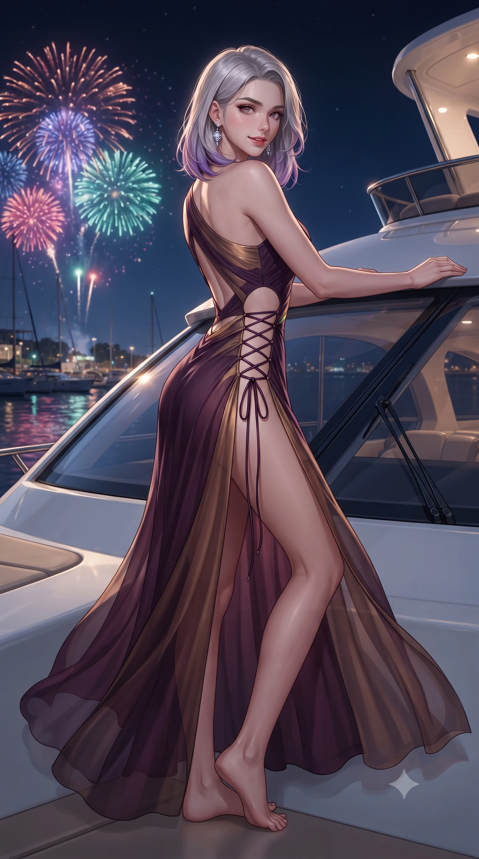 score_9, masterpiece, best quality, ultra-detailed, high-budget anime keyframe, editorial fashion photography, tasteful artistic composition, Caucasian woman. low angle full-body shot from head to toe showing her feet, filling the entire 9:16 vertical frame with her statuesque presence, stretching her vertical silhouette. walking along the terrace with poise, looking back over her bare shoulder with an irresistible smoldering bedroom-gaze while leaning against the flybridge windscreen with hips cocked back, looking over a bare shoulder toward colorful fireworks bursting over the harbor. The surrounding environment is rendered in vivid detail and crisp panoramic clarity: detailed plunging cowl-neck metallic gown cling, diamond earrings sparkle, and luxury yacht flybridge engineering in razor-sharp precision. She has an absolutely perfect, statuesque 8.5-heads proportion, an exceptionally tall and slender model-like female figure with impossibly long slender legs, an ultra-slim waist, a flat toned midriff, narrow delicate ribcage, and beautifully sculpted feminine hips creating a graceful, slim hourglass silhouette without any bulky heaviness. sharp v-shaped jawline, high-bridge nose, sparkling eyes with hypnotic seductive depth, thick curled eyelashes, glossy parted lips with a natural dewy peach sheen, alluring bedroom-eyes with an enchanting coquettish smile, exuding magnetic siren charisma and sophisticated glamour, flawlessly proportioned anatomical accuracy, strict slender model proportions, natural body alignment, perfectly sculpted long slender limbs, ultra-slim waistline, clean dynamic posture without body distortion. wearing an asymmetric one-shoulder liquid jersey gown with dramatic hip-high slit and sculptural waist cutout in rich dark plum violet and gilded bronze, made of sheer gossamer chiffon that drapes softly against skin with airy translucence, featuring fine criss-cross lace-up side ties revealing tantalizing glimpses of her hip curve, the precision-cut side openings and low-back scoop framing her graceful spine and the sensual sweep of her slim, toned hips. illuminated by high-gloss bar surface bounce and sharp festive-gold rim lights sculpting her jawline, flat midriff, and curvy hips. ultra-reflective glossy finish, specular highlights, rich textural contrasts, high-contrast stereoscopic depth, volumetric dynamic lighting, 2k, ultra detail, master piece, 9:16 ratio