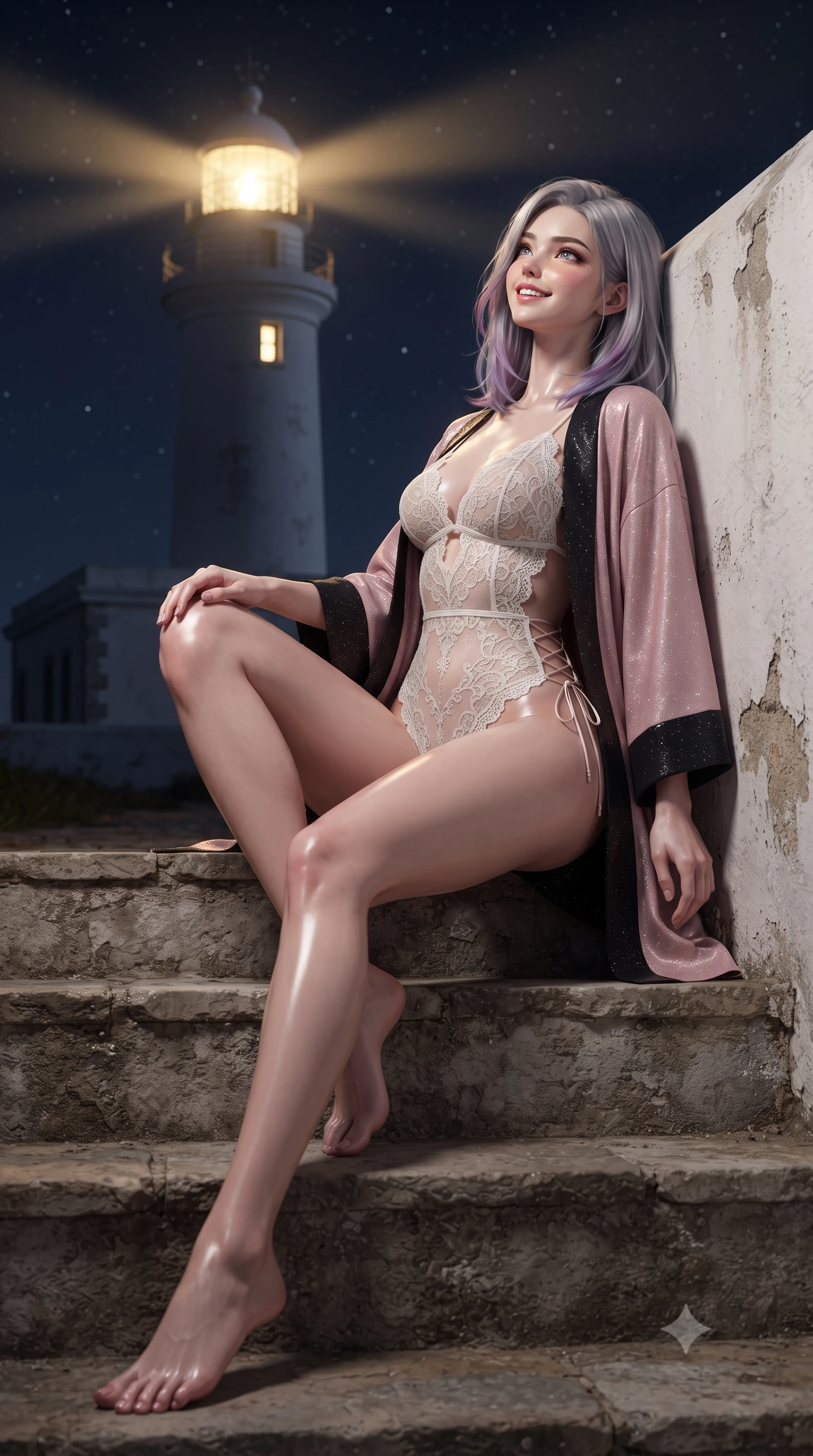 score_9, masterpiece, best quality, ultra-detailed, high-budget anime keyframe, editorial fashion photography, tasteful artistic composition, Caucasian woman. low angle full-body shot from head to toe showing her feet, filling the entire 9:16 vertical frame with her statuesque presence, stretching her vertical silhouette. sitting poised on the stone steps with one knee bent, arching her spine with supermodel elegance as she glances upward through thick eyelashes while leaning against the weathered whitewashed perimeter wall with hips cocked back, casting an intoxicating bedroom-gaze into the night. The surrounding environment is rendered in vivid detail and crisp panoramic clarity: detailed delicate semi-sheer macramé lace teddy with scalloped edges, open sides, and cape lighthouse architecture in razor-sharp precision. She has an exceptionally tall and slender model-like 8.5-heads proportion, an ultra-slim waist, a flat toned midriff, narrow delicate ribcage, and beautifully sculpted feminine hips creating a graceful, slim hourglass silhouette without any bulky heaviness, with impossibly long slender legs. sharp v-shaped jawline, high-bridge nose, intricate jewel-like sparkling eyes with depth, thick eyelashes, glossy parted lips with a natural peach sheen, bright cheerful beaming smile with an enchanting and coquettish sensual glint, exuding both youthful cute charm and seductive allure, flawlessly proportioned anatomical accuracy, strict slender model proportions, natural body alignment, perfectly sculpted long slender limbs, ultra-slim waistline, clean dynamic posture without body distortion. wearing a delicate semi-sheer botanical lace teddy layered under an open lightweight linen kimono draped over bare shoulders in Kyoto moonlit sakura blush and polished urushi black, woven from stretch metallic lurex jersey casting radiant starlight glints across her curves, featuring fine criss-cross lace-up side ties revealing tantalizing glimpses of her hip curve, the form-contouring silhouette accentuating her sculpted flat midriff, narrow delicate ribcage, and gracefully curvy hips with intoxicating allure. bathed in the periodic sweeping golden glow of the historic lighthouse beam contrasted with deep nocturnal sky and starlight. ultra-reflective glossy finish, specular highlights, rich textural contrasts, high-contrast stereoscopic depth, volumetric dynamic lighting, 2k, ultra detail, master piece, 9:16 ratio