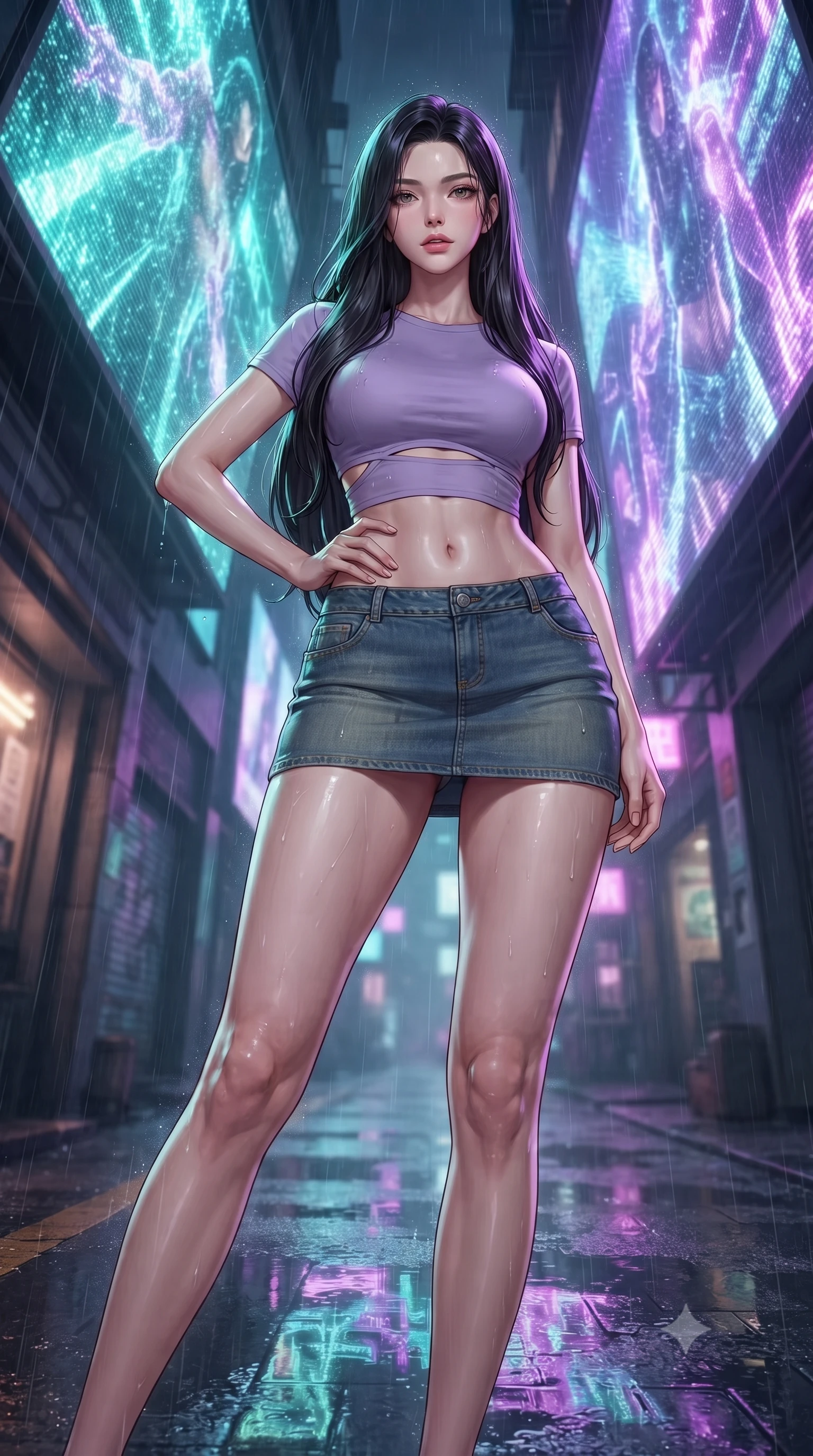 score_9, masterpiece, best quality, ultra-detailed, high-budget anime keyframe, editorial fashion photography, tasteful artistic composition, Korean woman. low angle full-body shot from head to toe showing her feet, filling the entire 9:16 vertical frame with her statuesque presence, stretching her vertical silhouette. posing confidently with one hand on her hip, stretching her statuesque body to emphasize her curves the background shows a soft-focus a rain-swept cyber alleyway beneath massive holographic billboard projections. She has an absolutely perfect, statuesque 8.5-heads proportion, an exceptionally tall and slender model-like female figure with impossibly long slender legs and an ultra-slim waist. sharp v-shaped jawline, high-bridge nose, intricate jewel-like eyes with depth, thick eyelashes, glossy lips with a natural sheen. wearing a slim-fit modern crop top in lavender cotton paired with a low-rise denim skirt and a subtle waist cut-out. shimmering turquoise and electric violet glow wrapping her statuesque figure. highly saturated vibrant anime colors, detailed shading with soft gradients, rich glossy textures, high-contrast stereoscopic depth, volumetric dynamic lighting, master piece, 9:16 ratio