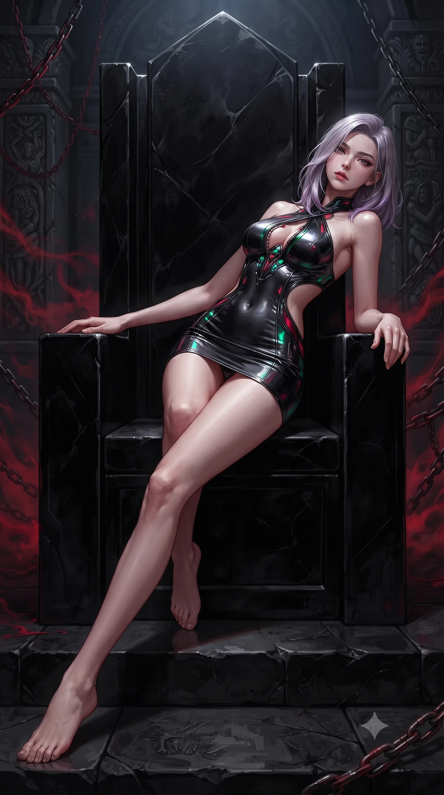 score_9, masterpiece, best quality, ultra-detailed, high-budget anime keyframe, editorial fashion photography, tasteful artistic composition, Caucasian woman. low angle full-body shot from head to toe showing her feet, filling the entire 9:16 vertical frame with her statuesque presence, stretching her vertical silhouette. arching her spine in a fluid zero-gravity turn with sovereign grace, her long slender legs and sculpted torso creating a sweeping line with provocative poise while reclining seductively across an imposing throne carved from solid black obsidian in a subterranean dungeon sanctuary. The surrounding environment is rendered in vivid detail and crisp panoramic clarity. crisp black stone floor textures, curling crimson smoke filaments, and iron chain details in high clarity. She has an absolutely perfect, statuesque 8.5-heads proportion, an exceptionally tall and slender model-like female figure with impossibly long slender legs, a toned flat midriff, and an ultra-slim waist. sharp v-shaped jawline, high-bridge nose, intricate jewel-like eyes with depth, thick eyelashes, glossy lips with a natural sheen, flawlessly proportioned anatomical accuracy, strict slender model proportions, natural body alignment, perfectly sculpted long slender limbs, ultra-slim waistline, clean dynamic posture without body distortion. wearing a molten gunmetal liquid-metal mini dress featuring deep side-waist cutouts and a daring crossover halter neckline in high-gloss lacquer black and electric emerald highlights, tailored from semi-translucent dark cybernetic vinyl with subtle glowing micro-filaments, featuring a dangerously unzipped neckline framed by subtle glowing cybernetic accents, the liquid-tight tailored fabric emphasizing every curve of her tall, slender model proportions and sculptured silhouette during dynamic movement. surrounded by a commanding, dark, and fiercely provocative blood-empress aura. ultra-reflective glossy finish, specular highlights, dark metallic sheen, deep chiaroscuro contrast, volumetric dynamic shadow lighting, 2k, ultra detail, master piece, 9:16 ratio