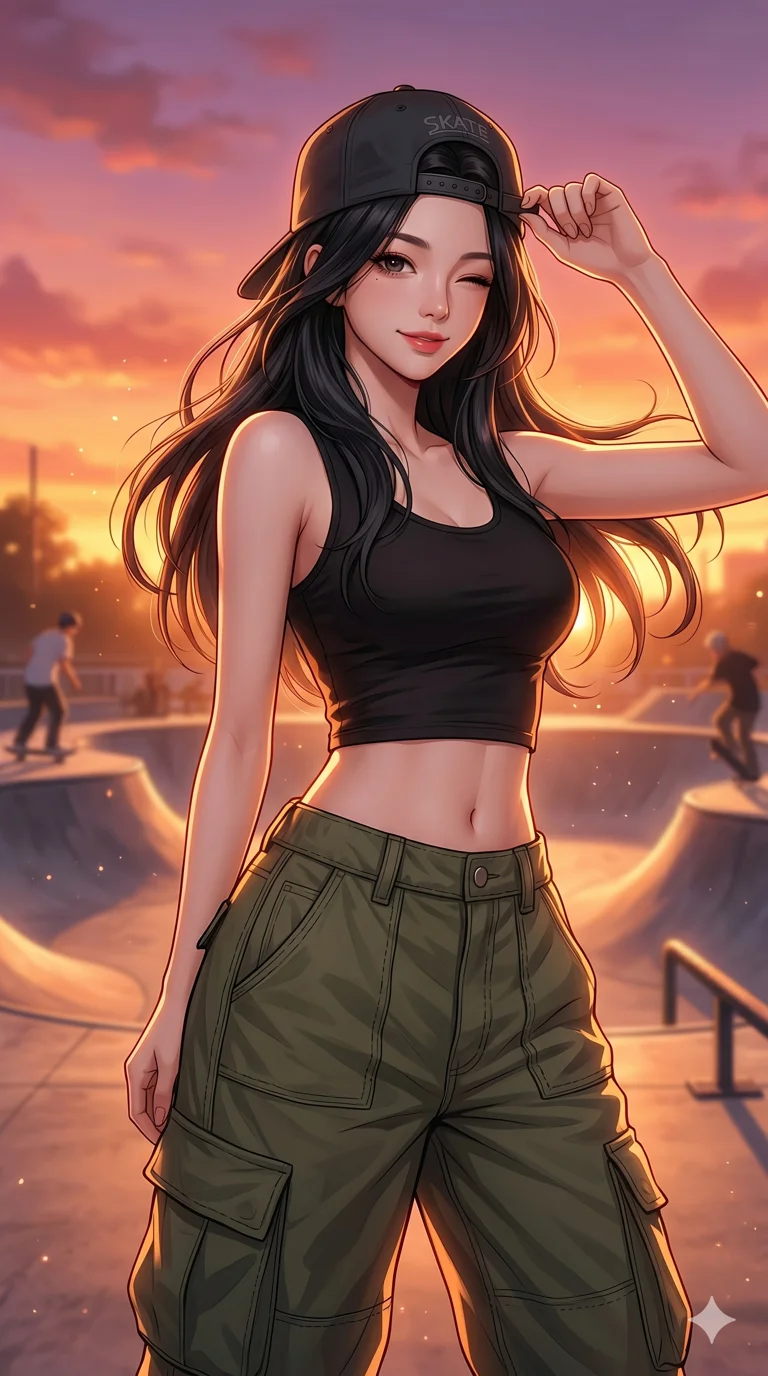 score_9, score_8_up, score_7_up, source_anime, masterpiece, best quality, ultra-detailed, same character with long flowing black hair, wearing a crop top and baggy cargo pants, upper body close-up from thigh up filling the screen, playfully adjusting a backward baseball cap and winking, skatepark at sunset, warm glow, 2k, 9:16 ratio