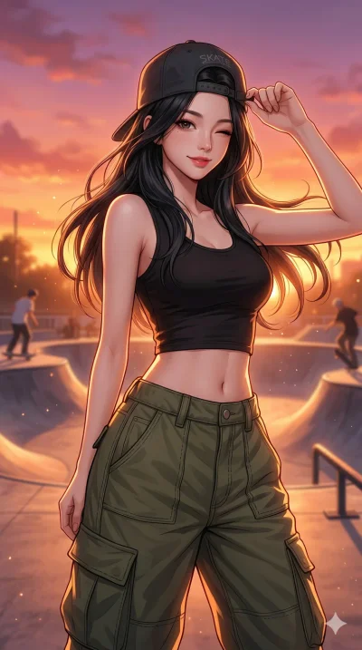 score_9, score_8_up, score_7_up, source_anime, masterpiece, best quality, ultra-detailed, same character with long flowing black hair, wearing a crop top and baggy cargo pants, upper body close-up from thigh up filling the screen, playfully adjusting