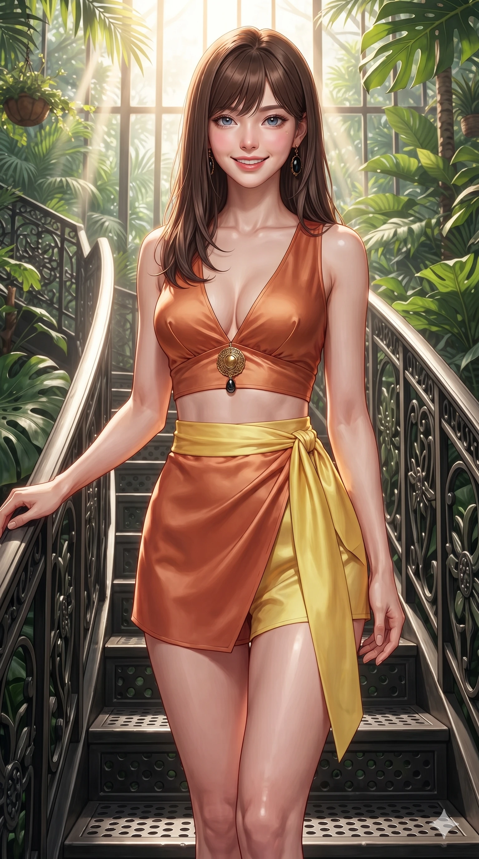 score_9, masterpiece, best quality, ultra-detailed, high-budget anime keyframe, editorial fashion photography, tasteful artistic composition, Korean woman. close-up cowboy shot from the waist and thighs up, the character dominates the composition, filling the frame with her large presence. smiling with quiet, magnetic self-assurance directly into the camera, her sculpted waistline catching specular highlights while standing tall on the perforated iron staircase landing, one hand resting high while arching her lower back to emphasize her sculpted feminine hips and slender waist. The surrounding environment is rendered in vivid detail and crisp panoramic clarity: sharp perforated cast-iron stair tread filigree, split monstera leaf venation, and glasshouse mullion rivet textures in deep focus. She has an exceptionally elegant, slender, and willowy female figure with an ultra-slim waist, flat toned midriff, narrow ribcage, and sculpted feminine hips creating an alluring, slim hourglass silhouette without bulk. sharp v-shaped jawline, high-bridge nose, sparkling eyes with hypnotic seductive depth, thick curled eyelashes, glossy parted lips with a natural dewy peach sheen, alluring bedroom-eyes with an enchanting coquettish smile, exuding magnetic siren charisma and sophisticated glamour, flawlessly proportioned anatomical accuracy, strict slender model proportions, natural body alignment, perfectly sculpted long slender limbs, ultra-slim waistline, clean dynamic posture without body distortion. wearing a deep V-neck linen crop top paired with high-waisted wrap shorts and a matching sash in sun-kissed terracotta and Amalfi lemon yellow, crafted from fluid liquid silk satin that clings smoothly to every curve with a dewy sheen, finished with an authentic engraved gold medallion and obsidian cabochons, the bespoke structured tailoring following the natural line of her 8.5-heads silhouette with refined elegance. bathed in vertical shafts of bright morning sun penetrating the dense botanical glasshouse canopy. ultra-reflective glossy finish, specular highlights, rich textural contrasts, high-contrast stereoscopic depth, volumetric dynamic lighting, 2k, ultra detail, master piece, 9:16 ratio
