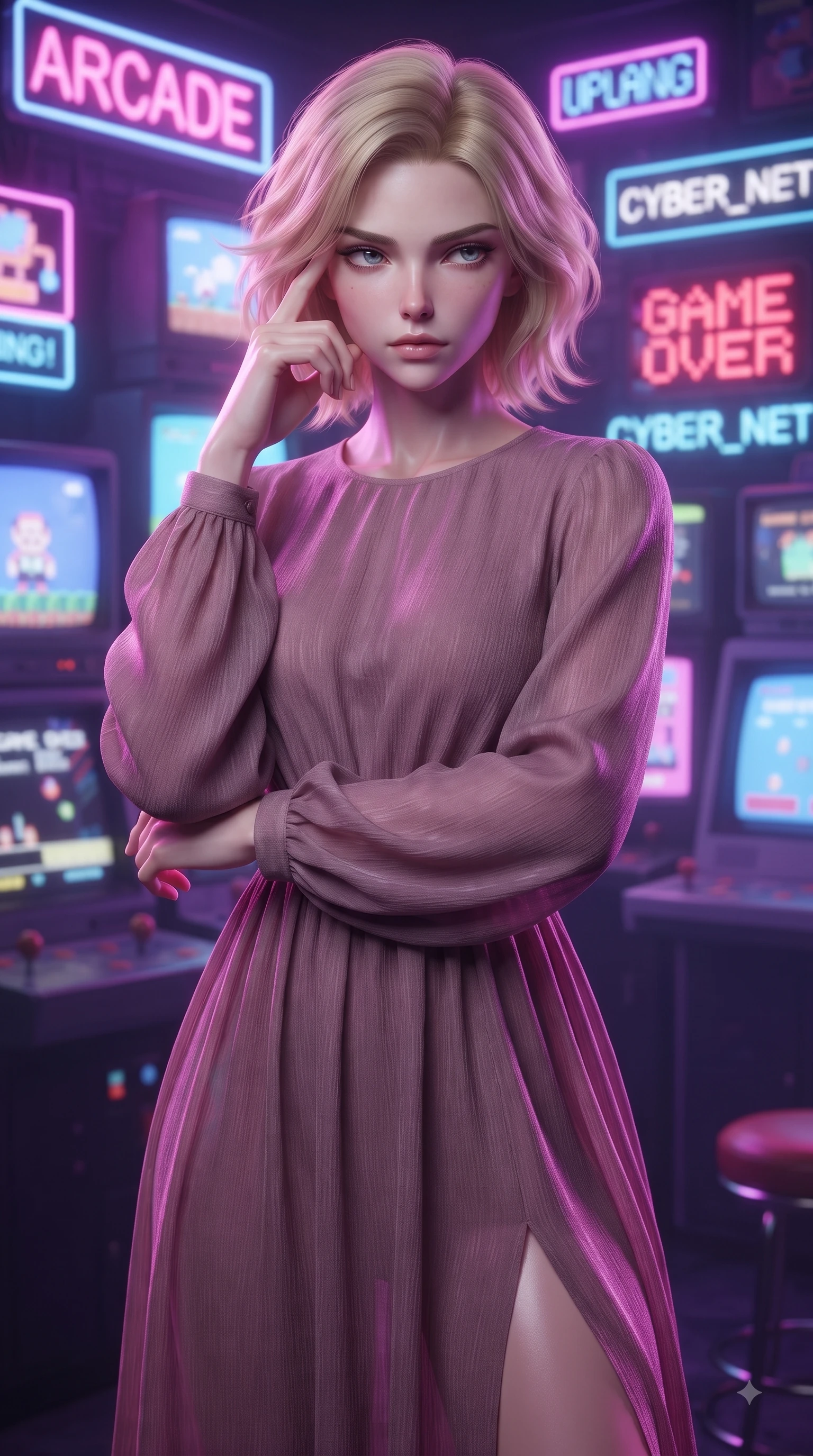 score_9, masterpiece, best quality, ultra-detailed, high-budget anime keyframe, editorial fashion photography, tasteful artistic composition, Caucasian woman woman. close-up cowboy shot from the waist and thighs up, the character dominates the composition, filling the frame with her large presence, background elements kept in soft focus. She has an exceptionally elegant, slender, and willowy female figure with an ultra-slim waist, a gracefully sculpted slender torso, and a refined silhouette. pressing two fingers to her temple in a composed gesture, gazing past the camera with sharp focus, flawlessly proportioned anatomical accuracy, natural body alignment, perfectly sculpted elegant limbs, clean dynamic posture without body distortion. set against a soft-focus background of a retro cyber arcade filled with glowing CRT screens and neon signs. wearing a serene dusty mauve chiffon maxi dress with long bishop sleeves. bathed in strobing violet and electric pink neon lights refracting on her outfit. ultra-reflective glossy finish, specular highlights, metallic sheen, high-contrast stereoscopic depth, volumetric dynamic lighting, 2k, ultra detail, master piece, 9:16 ratio
