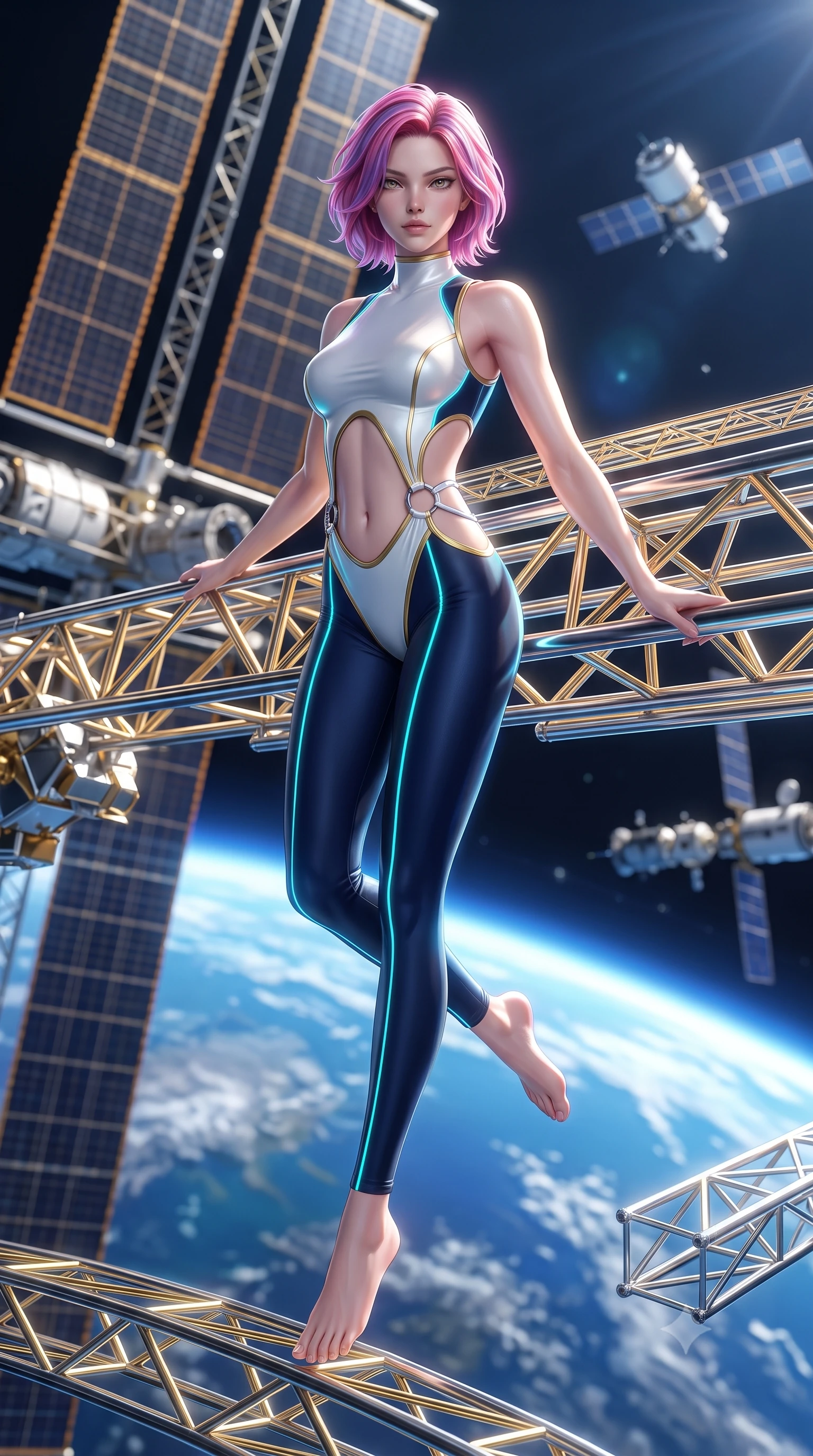 score_9, masterpiece, best quality, ultra-detailed, high-budget anime keyframe, semi-realistic 3D game render, editorial fashion photography, tasteful artistic composition, Caucasian woman. low angle full-body shot from head to toe showing her feet, filling the entire 9:16 vertical frame with her statuesque presence, stretching her vertical silhouette. performing an alluring mid-air vault with flawless poise, looking directly into the camera with regal, divine intensity while standing poised on the gold and chrome solar array truss of a massive orbital space station overlooking planet Earth. The composition keeps background elements in soft focus with creamy bokeh. orbital solar array trusses and satellite modules softened in smooth cosmic atmospheric focus. She has an absolutely perfect, statuesque 8.5-heads proportion, an exceptionally tall and slender model-like female figure with impossibly long slender legs, a toned flat midriff, and an ultra-slim waist. sharp v-shaped jawline, high-bridge nose, intricate jewel-like eyes with depth, thick eyelashes, glossy lips with a natural sheen, flawlessly proportioned anatomical accuracy, strict slender model proportions, natural body alignment, perfectly sculpted long slender limbs, ultra-slim waistline, clean dynamic posture without body distortion. wearing a second-skin white-and-gold high-fashion tech-bodysuit with diagonal midriff cutouts and glowing cyan fiber seams in deep midnight navy blue and pure starlight chrome, made of liquid jersey fabric that clings flawlessly to every contour of her build, detailed with polished silver rings connecting the daring side-waist cutouts, the precision-cut daring openings accentuating her delicate midriff, graceful bare collarbones, and ultra-slim feminine waistline. bathed in dazzling high-noon orbital sunlight and rich blue planetary ambient bounce light. rich saturated anime colors with glowing neon highlights, detailed shading with soft gradients, rich glossy textures, high-contrast stereoscopic depth, volumetric dynamic lighting, master piece, 9:16 ratio