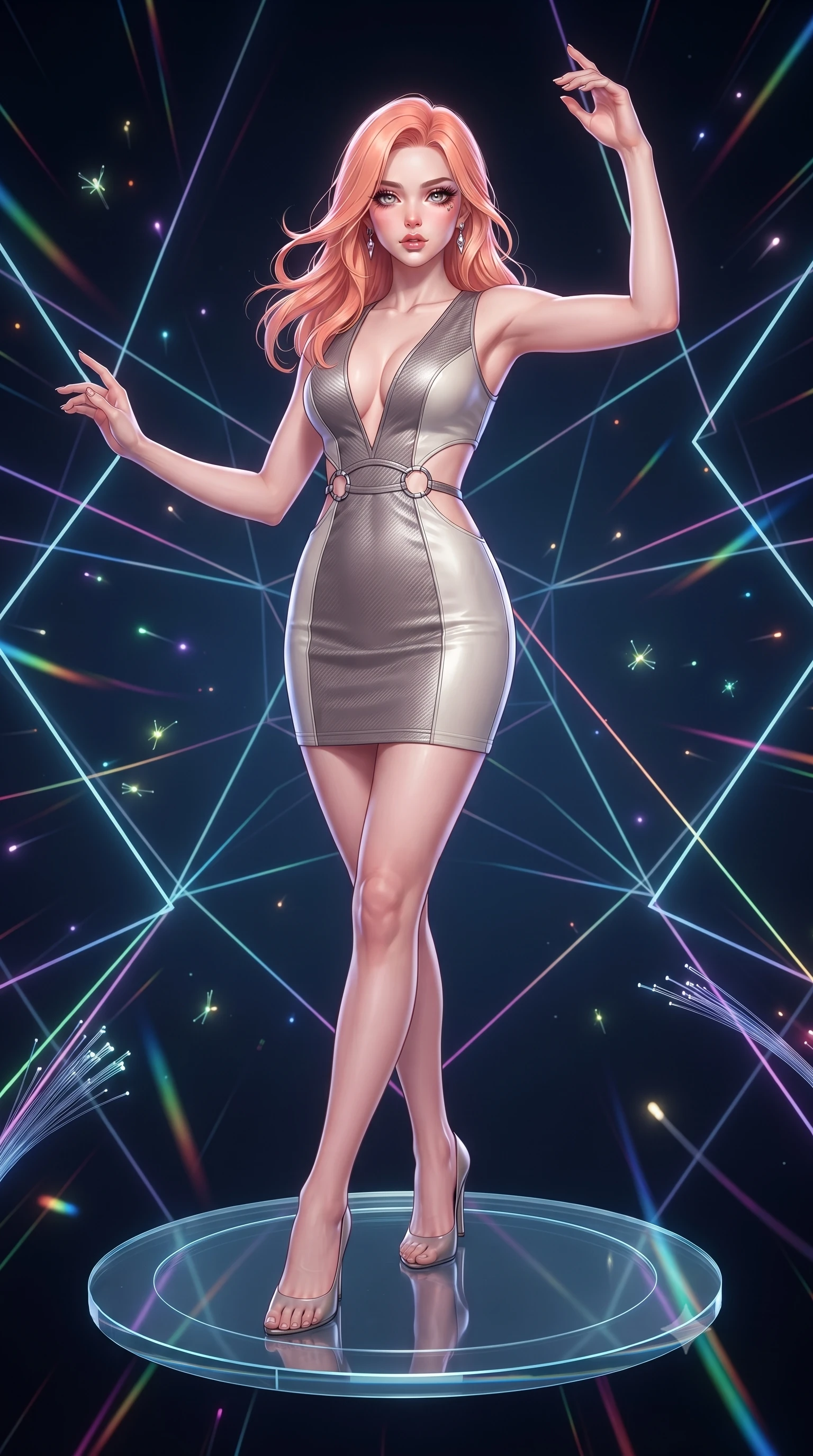 score_9, masterpiece, best quality, ultra-detailed, high-budget anime keyframe, editorial fashion photography, tasteful artistic composition, Japanese woman. low angle full-body shot from head to toe showing her feet, filling the entire 9:16 vertical frame with her statuesque presence, stretching her vertical silhouette. forging dynamically through the scene, her vertical silhouette beautifully stretched poised on a floating glass disk suspended inside a geometric light matrix, glowing fiber optic motes drifting like fireflies in the background. She has an absolutely perfect, statuesque 8.5-heads proportion, an exceptionally tall and slender model-like female figure with impossibly long slender legs and an ultra-slim waist. sharp v-shaped jawline, high-bridge nose, intricate jewel-like eyes with depth, thick eyelashes, glossy lips with a natural sheen. wearing a liquid mercury gloss mini dress with ultra-deep V-neck and waist cutouts in muted taupe and soft ivory, made of fine carbon-fiber weave and soft matte leather, accented with delicate chrome ring hardware framing her waist, the tailored fabric tightly following every curve of her athletic build. surrounded by a vibrant fluorescent aura with bright rim highlights. highly saturated vibrant anime colors, detailed shading with soft gradients, rich glossy textures, high-contrast stereoscopic depth, volumetric dynamic lighting, master piece, 9:16 ratio