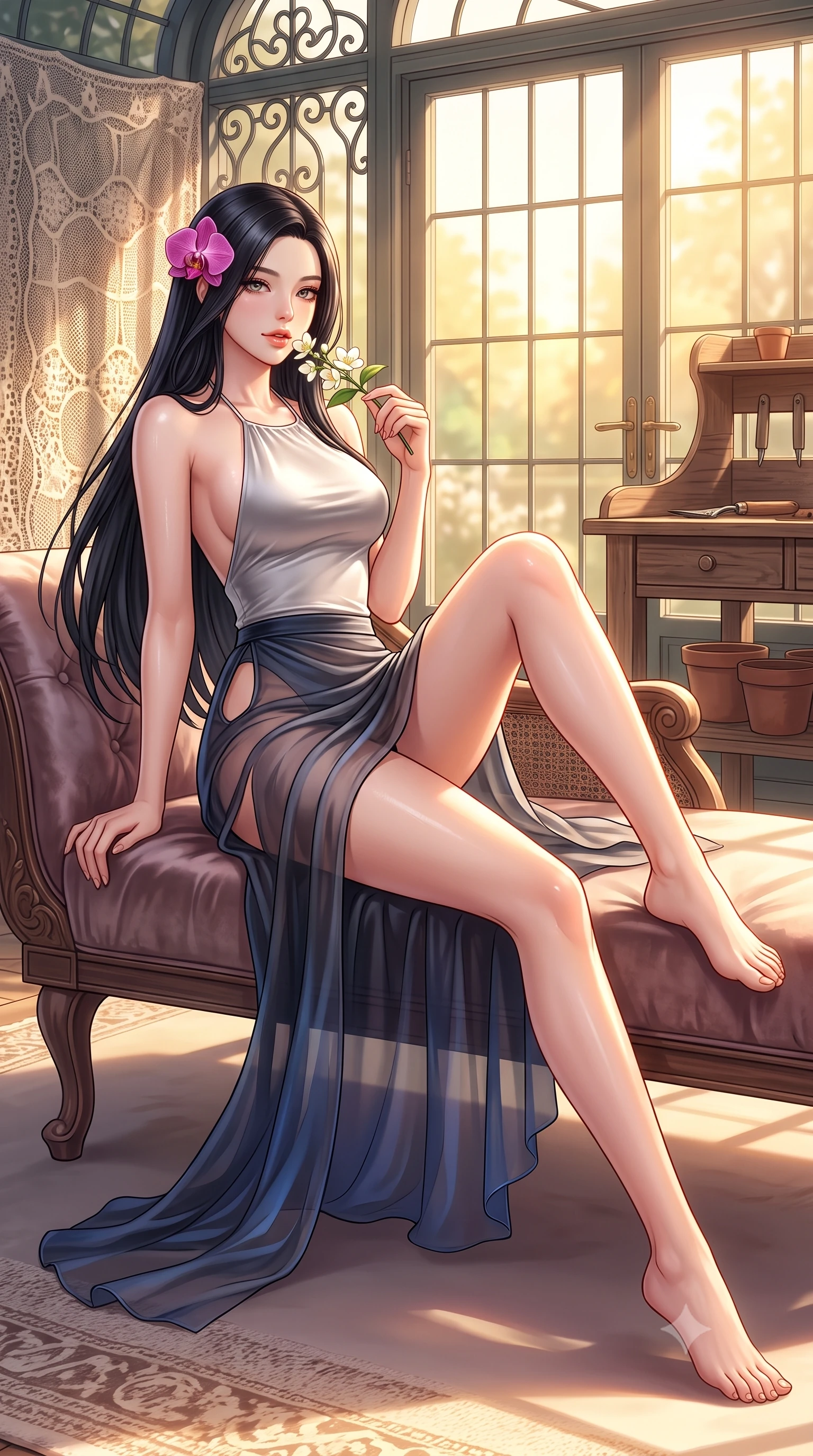 score_9, masterpiece, best quality, ultra-detailed, high-budget anime keyframe, semi-realistic 3D game render, editorial fashion photography, tasteful artistic composition, Korean woman. low angle full-body shot from head to toe showing her feet, filling the entire 9:16 vertical frame with her statuesque presence, stretching her vertical silhouette. reclining gracefully across the plush chaise lounge with one leg extended, her sculpted silhouette and flat midriff radiating magnetic nocturnal glamour while sitting perched on the rustic wooden potting bench with legs extended, holding a blooming jasmine sprig near her glossy parted lips. The surrounding environment is rendered in vivid detail and crisp panoramic clarity: detailed crochet lace bustier weave, sun-warmed skin sheen, and European orangery craftsmanship in razor-sharp precision. She has an absolutely perfect, statuesque 8.5-heads proportion, an exceptionally tall and slender model-like female figure with impossibly long slender legs, an ultra-slim waist, a flat toned midriff, narrow delicate ribcage, and beautifully sculpted feminine hips creating a graceful, slim hourglass silhouette without any bulky heaviness. sharp v-shaped jawline, high-bridge nose, sparkling eyes with hypnotic seductive depth, thick curled eyelashes, glossy parted lips with a natural dewy peach sheen, alluring bedroom-eyes with an enchanting coquettish smile, exuding magnetic siren charisma and sophisticated glamour, flawlessly proportioned anatomical accuracy, strict slender model proportions, natural body alignment, perfectly sculpted long slender limbs, ultra-slim waistline, clean dynamic posture without body distortion. wearing a liquid-tight halterneck silk camisole paired with a curve-hugging wrap sarong mini skirt with high side slit in molten liquid platinum and midnight charcoal with sapphire reflections, made of sheer gossamer chiffon that drapes softly against skin with airy translucence, accented with a fresh-bloomed exotic magenta orchid tucked gracefully into her dark glossy hair, the precision-cut side openings and low-back scoop framing her graceful spine and the sensual sweep of her slim, toned hips. bathed in warm golden late afternoon sunlight flooding through southern-facing glass doors. highly saturated vibrant anime colors, detailed shading with soft gradients, rich glossy textures, high-contrast stereoscopic depth, volumetric dynamic lighting, master piece, 9:16 ratio