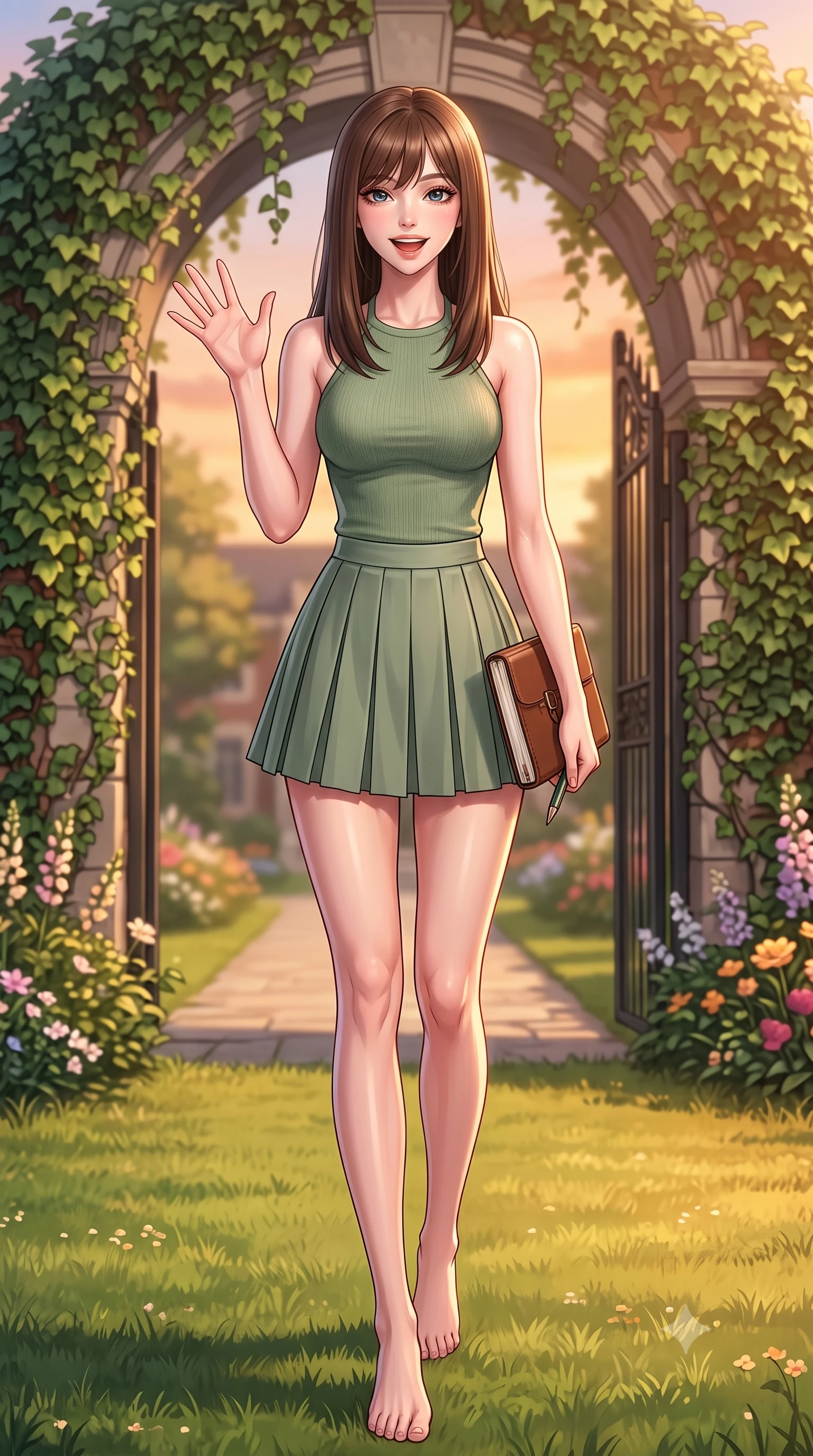 score_9, masterpiece, best quality, ultra-detailed, high-budget anime keyframe, editorial fashion photography, tasteful artistic composition, Korean woman. low angle full-body shot from head to toe showing her feet, filling the entire 9:16 vertical frame with her statuesque presence, stretching her vertical silhouette. stepping forward with a bright, cheerful smile, waving happily at the viewer set against a soft-focus background of near a college campus gate draped in green ivy vines and surrounded by flowers holding a leather-bound journal and a matching pen. She has an absolutely perfect, statuesque 8.5-heads proportion, an exceptionally tall and slender model-like female figure with impossibly long slender legs and an ultra-slim waist. sharp v-shaped jawline, high-bridge nose, intricate jewel-like eyes with depth, thick eyelashes, glossy lips with a natural sheen. wearing slim-fit tailored halter knit top in sage green, paired with a pleated mini skirt. golden hour sunset light casting a peaceful, cozy orange wash across the lawns. highly saturated vibrant anime colors, detailed shading with soft gradients, rich glossy textures, high-contrast stereoscopic depth, volumetric dynamic lighting, master piece, 9:16 ratio