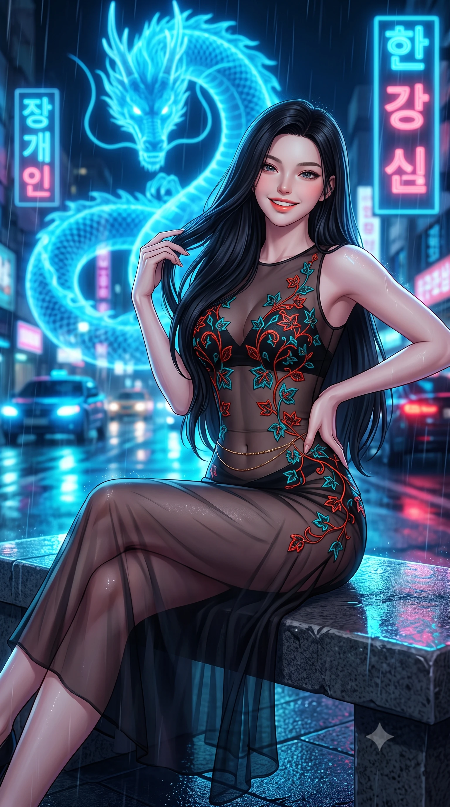 score_9, masterpiece, best quality, ultra-detailed, high-budget anime keyframe, semi-realistic 3D game render, editorial fashion photography, tasteful artistic composition, Korean woman. close-up cowboy shot from the waist and thighs up, the character dominates the composition, filling the frame with her large presence. twisting her slender torso in an alluring contrapposto stance, one hand resting on her sculpted hip while her fingers toy with her hair with effortless poise while lounging gracefully on the heated stone bench with legs extended, displaying her long slender legs and statuesque hourglass silhouette amid rain-washed neon. The background shows a soft-focus gigantic coiling holographic azure dragon, towering neon Hangul holographic signs, and rain-slicked futuristic traffic blurred into electric cyan, cobalt, and crimson bokeh. She has an exceptionally elegant, slender, and willowy female figure with an ultra-slim waist, flat toned midriff, narrow ribcage, and sculpted feminine hips creating an alluring, slim hourglass silhouette without bulk. sharp v-shaped jawline, high-bridge nose, intricate jewel-like sparkling eyes with depth, thick eyelashes, glossy parted lips with a natural peach sheen, bright cheerful beaming smile with an enchanting and coquettish sensual glint, exuding both youthful cute charm and seductive allure, flawlessly proportioned anatomical accuracy, strict slender model proportions, natural body alignment, perfectly sculpted long slender limbs, ultra-slim waistline, clean dynamic posture without body distortion. wearing a provocative sheer noir illusion mesh cocktail dress with embroidered climbing metallic ivy contouring her curves in cyber-shinto vermilion and electric teal, made of sheer gossamer chiffon that drapes softly against skin with airy translucence, accented with a dainty gold belly chain resting across her flat midriff and curving hips, the liquid-tight tailored fabric clinging flawlessly to her narrow waist and rounded feminine hips, emphasizing every millimeter of her sculpted slim hourglass curves without any bulky heaviness. bathed in the glowing azure radiance of the monumental holographic dragon mixed with neon street reflections. highly saturated vibrant anime colors, detailed shading with soft gradients, rich glossy textures, high-contrast stereoscopic depth, volumetric dynamic lighting, master piece, 9:16 ratio