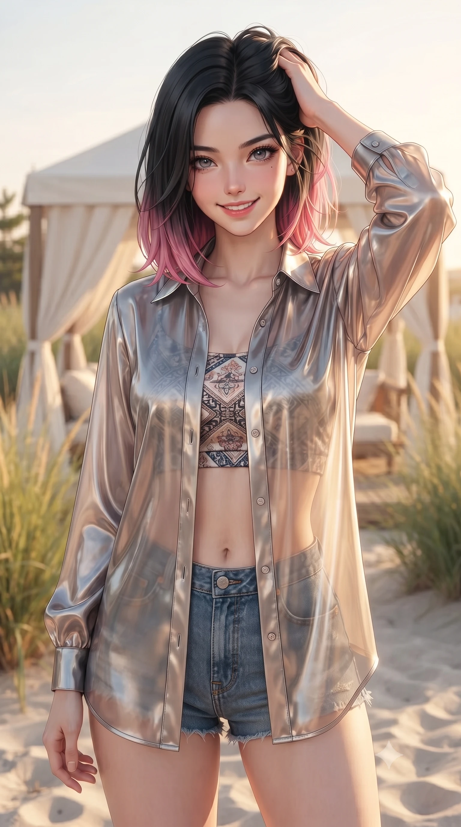 score_9, masterpiece, best quality, ultra-detailed, high-budget anime keyframe, editorial fashion photography, tasteful artistic composition, Korean woman woman. close-up cowboy shot from the waist and thighs up, the character dominates the composition, filling the frame with her large presence, background elements kept in soft focus. smiling with quiet, magnetic self-assurance directly into the camera, running a hand through her hair the background shows a soft-focus a white canopy tent on a quiet beach resort, surrounded by tall beachgrass. She has an exceptionally elegant, slender, and willowy female figure with an ultra-slim waist, a gracefully sculpted slender torso, and a refined silhouette. sharp v-shaped jawline, high-bridge nose, intricate jewel-like eyes with depth, thick eyelashes, glossy lips with a natural sheen. wearing a slim-fit lightweight chiffon cover-up shirt worn open over a crop top and high-cut shorts. warm golden afternoon sunlight bathing the sands in a soft glow. ultra-reflective glossy finish, specular highlights, metallic sheen, high-contrast stereoscopic depth, volumetric dynamic lighting, 2k, ultra detail, master piece, 9:16 ratio
