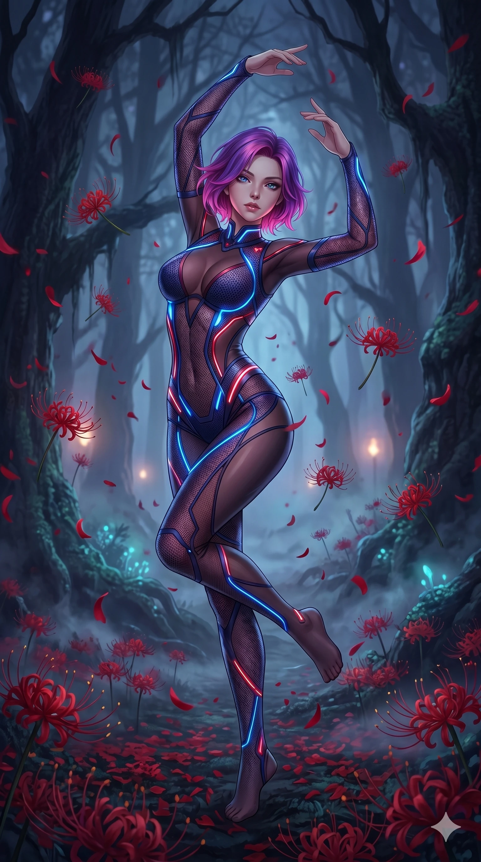 score_9, masterpiece, best quality, ultra-detailed, High-budget Anime Keyframe, East Asian woman. Low angle cowboy shot filling the entire 9:16 frame with her statuesque presence. Scenario 205: Dancing amidst falling red spider lilies in a misty dark forest. Her presence is magnetic and overpowering in this high-budget anime scene. Outfit 205: A micro-mesh lace bare with a sheer panels and glowing LED seams. The clothing is designed to emphasize her exceptionally tall and slender 8-heads proportion. 8-heads proportion, towering silhouette, ultra-slim waist. sharp v-shaped jawline, intricate jewel-like eyes with depth, thick eyelashes, glossy lips. 2k, ultra detail, master piece, 9:16 ratio