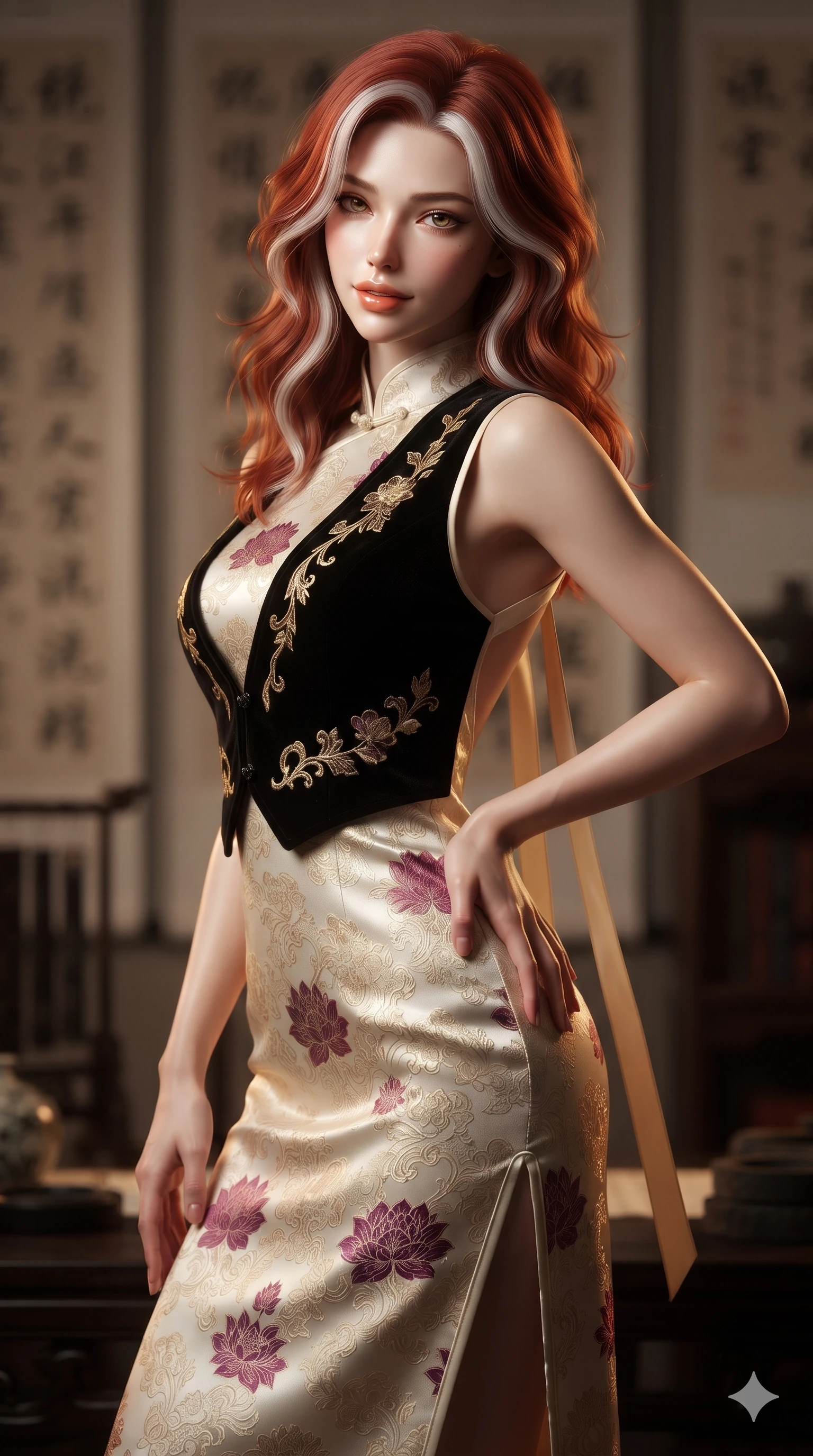 score_9, masterpiece, best quality, ultra-detailed, high-budget anime keyframe, editorial fashion photography, tasteful artistic composition, Caucasian woman. close-up cowboy shot from the waist and thighs up, the character dominates the composition, filling the frame with her large presence. tilting her head with a teasing half-smile, running one hand slowly down the side of her hip in a flirtatious S-curve as ambient light caresses her silhouette while standing tall between towering hanging ink calligraphy scrolls, one hand on her hip as she looks into the lens with smoldering intensity. The background shows a soft-focus floor-to-ceiling hanging rice-paper calligraphy scrolls, cedar bookchests, and ceramic inkstones blurred into cream, sepia, and charcoal bokeh. She has an exceptionally elegant, slender, and willowy female figure with an ultra-slim waist, flat toned midriff, narrow ribcage, and sculpted feminine hips creating an alluring, slim hourglass silhouette without bulk. sharp v-shaped jawline, high-bridge nose, sparkling eyes with hypnotic seductive depth, thick curled eyelashes, glossy parted lips with a natural dewy peach sheen, alluring bedroom-eyes with an enchanting coquettish smile, exuding magnetic siren charisma and sophisticated glamour, flawlessly proportioned anatomical accuracy, strict slender model proportions, natural body alignment, perfectly sculpted long slender limbs, ultra-slim waistline, clean dynamic posture without body distortion. wearing an aristocratic black velvet baeja vest worn over a tailored high-neck ivory silk maxi dress in imperial gold and royal plum purple, tailored from rich silk jacquard with subtle embossed lotus blossom patterns, finished with long silk ribbon ties fluttering down her bare spine from a backless halter, the impeccably tailored cut draping gracefully along her slender figure with aristocratic eastern poise. illuminated by black lacquer desk bounce and sharp warm-amber rim lights sculpting her razor-sharp jawline, narrow waist, and curvy hips. ultra-reflective glossy finish, specular highlights, rich textural contrasts, high-contrast stereoscopic depth, volumetric dynamic lighting, 2k, ultra detail, master piece, 9:16 ratio