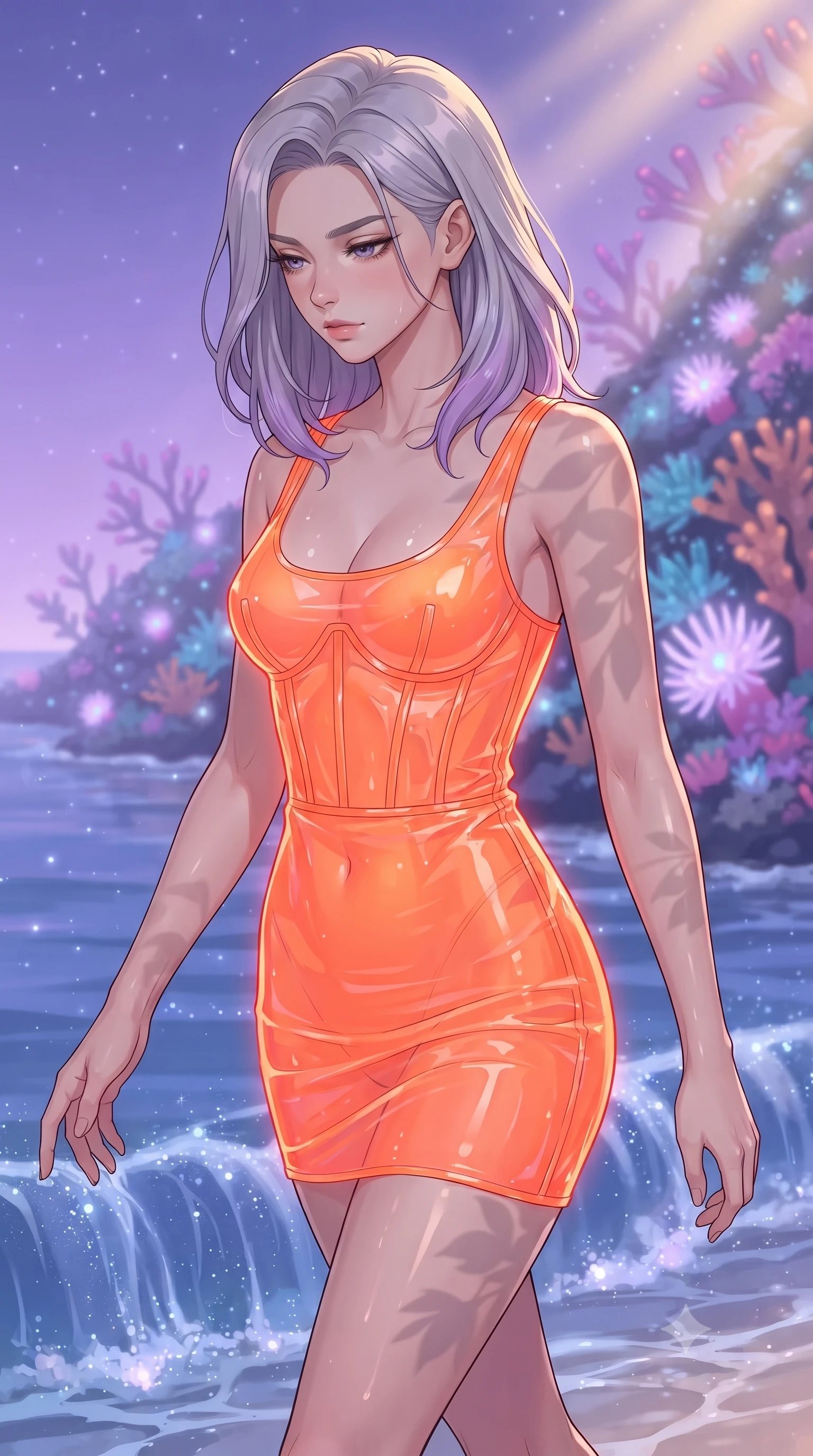 score_9, masterpiece, best quality, ultra-detailed, high-budget anime keyframe, gorgeous anime illustration, artistic 2d flat cel-shaded style, Caucasian woman, strictly human ears. close-up cowboy shot from the waist and thighs up, the character dominates the composition, filling the frame with her large presence, background elements kept in soft focus. Looking down with lowered lashes and a composed powerful expression. set against a soft-focus background of walking along a shoreline where the sea is made of liquid starlight and the coral reefs grow upwards into the sky, glowing space anemones emitting soft pulses under a lavender night sky. She has an exceptionally elegant and slender, willowy female figure with an ultra-slim waist, a gracefully sculpted slender torso, and a refined slim physique. sharp v-shaped jawline, high-bridge nose, intricate jewel-like eyes with depth, thick eyelashes, glossy lips with a natural sheen. wearing a wet-look transparent finish mini dress in neon orange, with a visible corset interior structure. warm golden afternoon sunbeams casting soft organic leaf shadows across her skin. 2k, ultra detail, master piece, 9:16 ratio, vibrant anime color palette, flat color shading, 2d animation style