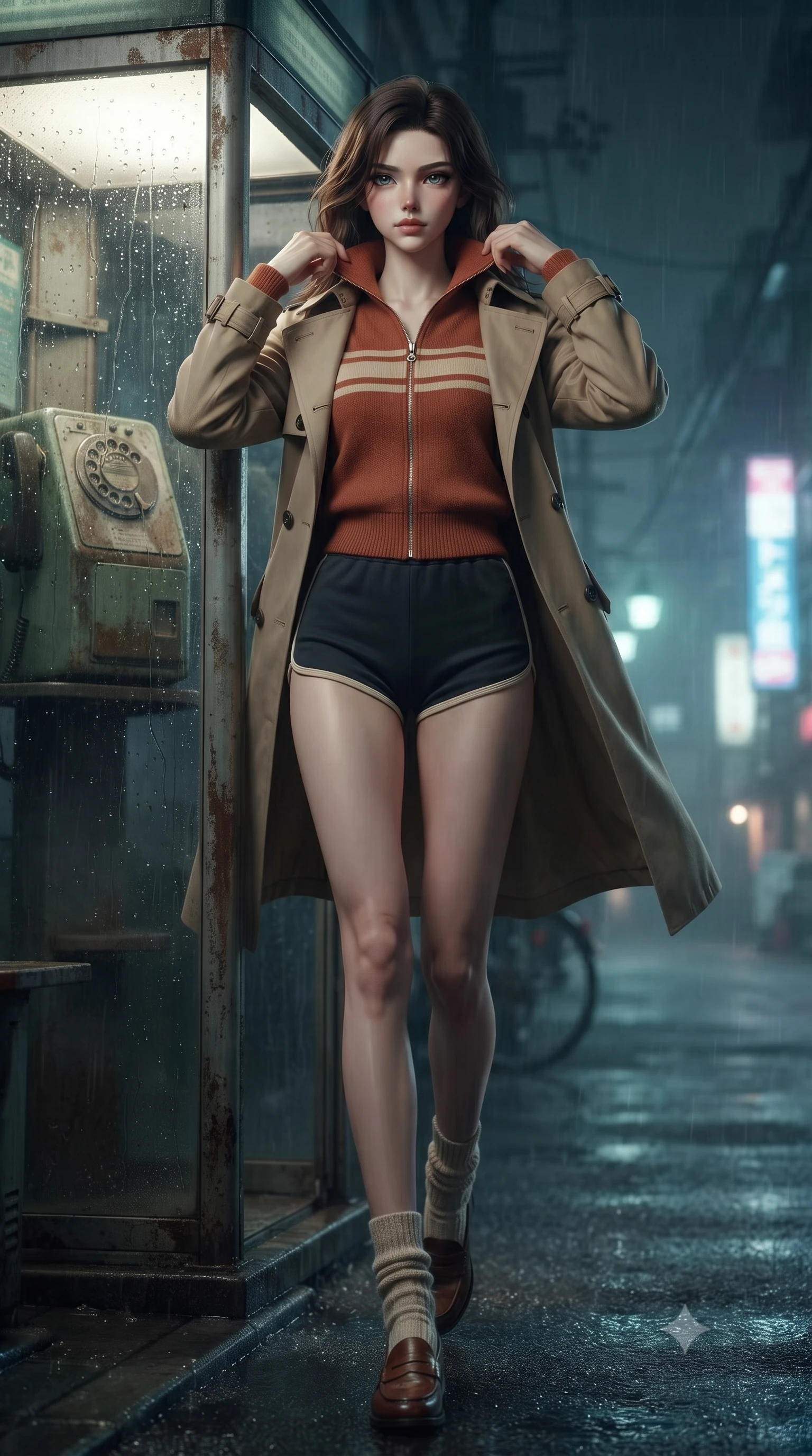 score_9, masterpiece, best quality, ultra-detailed, high-budget anime keyframe, editorial fashion photography, tasteful artistic composition, Korean woman. low angle full-body shot from head to toe showing her feet, filling the entire 9:16 vertical frame with her statuesque presence, stretching her vertical silhouette. striding forward in a proud, dynamic supermodel runway stride, her statuesque vertical silhouette commanding the entire frame while stepping out of the retro phone booth into the misty night street, pulling her trench coat collar up with effortless cool. The surrounding environment is rendered in vivid detail and crisp panoramic clarity. crisp water droplet tracks on glass, rotary dial telephone textures, and weathered metal booth frames in deep focus. She has an absolutely perfect, statuesque 8.5-heads proportion, an exceptionally tall and slender model-like female figure with impossibly long slender legs, a toned flat midriff, and an ultra-slim waist. sharp v-shaped jawline, high-bridge nose, intricate jewel-like eyes with depth, thick eyelashes, glossy lips with a natural sheen, captivating and magnetic expression, flawlessly proportioned anatomical accuracy, strict slender model proportions, natural body alignment, perfectly sculpted long slender limbs, ultra-slim waistline, clean dynamic posture without body distortion. wearing a sporty 80s retro track jacket paired with high-waisted dolphin running shorts and tube socks in warm terracotta and oatmeal beige, knitted from soft cozy lambswool yarn with cable-knit textures, finished with retro enamel varsity pins and classic leather loafers, the sleek tailored cut tightly hugging her graceful clavicle, narrow waist, and feminine curves with statuesque precision. illuminated by soft glowing highlights defining her delicate features, glossy lips, and slender torso. ultra-reflective glossy finish, specular highlights, rich textural contrasts, high-contrast stereoscopic depth, volumetric dynamic lighting, 2k, ultra detail, master piece, 9:16 ratio