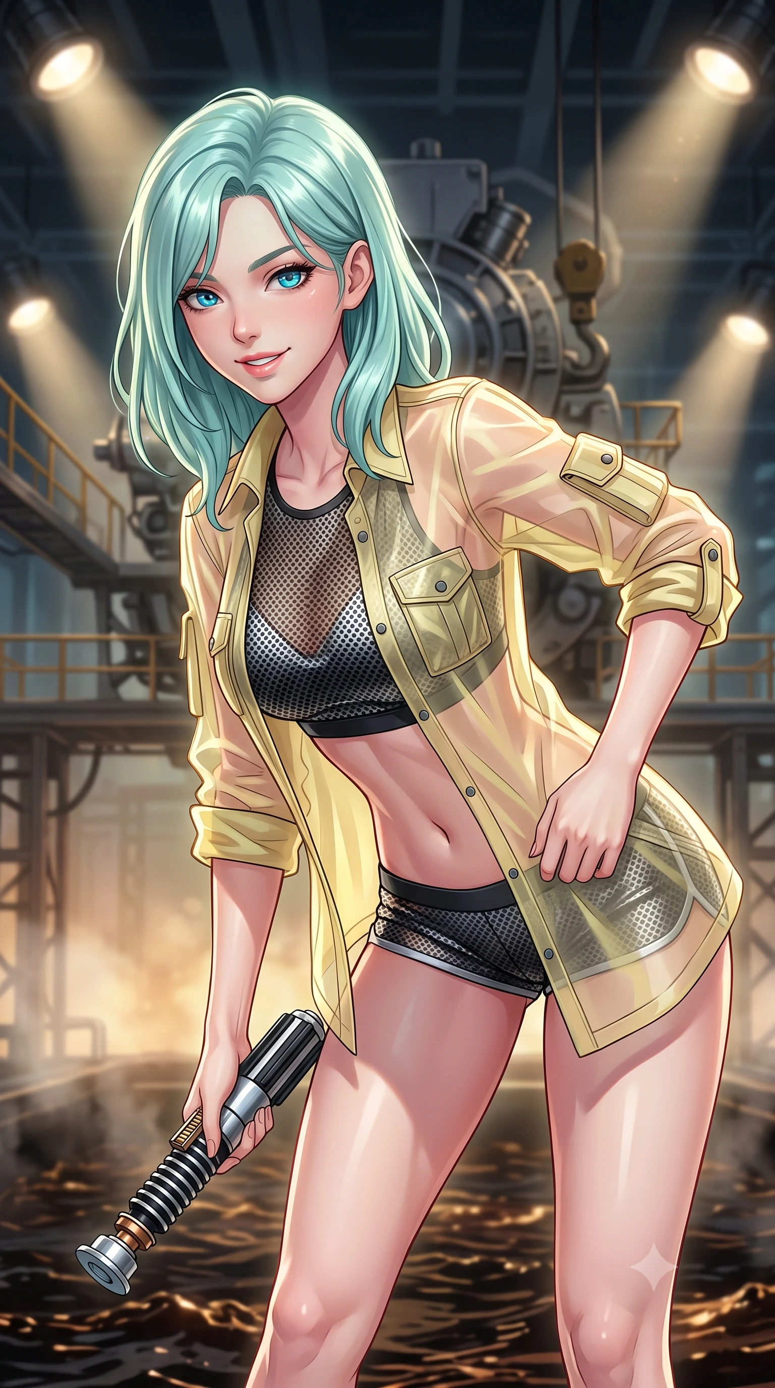 score_9, masterpiece, best quality, ultra-detailed, high-budget anime keyframe, editorial fashion photography, tasteful artistic composition, Japanese woman. close-up cowboy shot from the waist and thighs up, the character dominates the composition, filling the frame with her large presence, background elements kept in soft focus. leaning slightly forward with a playful, teasing smile while holding a deactivated plasma saber hilt, the background shows a soft-focus an engine assembly catwalk suspended over a boiling oil pool in a bunker. She has an exceptionally elegant, slender, and willowy female figure with an ultra-slim waist, a gracefully sculpted slender torso, and a refined silhouette. sharp v-shaped jawline, high-bridge nose, intricate jewel-like eyes with depth, thick eyelashes, glossy lips with a natural sheen. wearing a slim-fit sheer organza combat shirt in pale yellow, worn open over a carbon-mesh crop top and micro-shorts. focused halogen spotlights casting sharp, detailed shadows across her build. highly saturated vibrant anime colors, detailed shading with soft gradients, rich glossy textures, high-contrast stereoscopic depth, volumetric dynamic lighting, master piece, 9:16 ratio