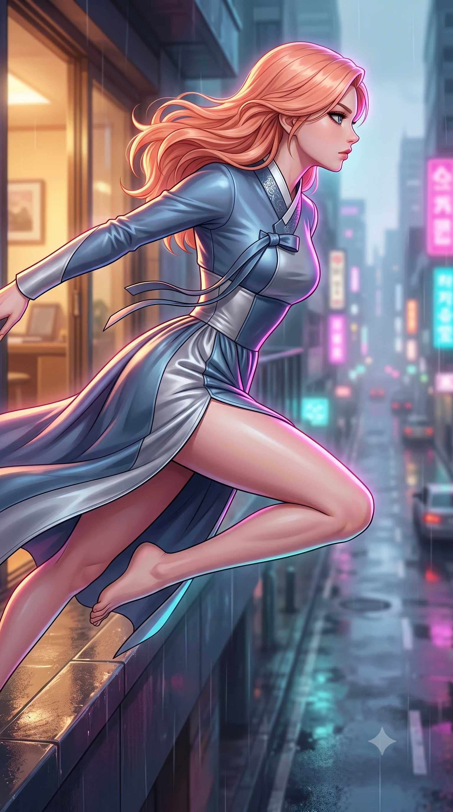 score_9, masterpiece, best quality, ultra-detailed, high-budget anime keyframe, editorial fashion photography, tasteful artistic composition, Japanese woman. close-up cowboy shot from the waist and thighs up, the character dominates the composition, filling the frame with her large presence, background elements kept in soft focus. Turning her face in sharp profile while her upper body leans forward with poised athletic grace while leaping across a rain-slicked balcony as wet asphalt below reflects city lights, soft urban mist scattering vibrant magenta and cyan neon rim light around her form. She has an exceptionally elegant, slender, and willowy female figure with an ultra-slim waist, a gracefully sculpted slender torso, and a refined silhouette. sharp v-shaped jawline, high-bridge nose, intricate jewel-like eyes with depth, thick eyelashes, glossy lips with a natural sheen, flawlessly proportioned anatomical accuracy, natural body alignment, perfectly sculpted elegant limbs, clean dynamic posture without body distortion. wearing a modern fusion silk hanbok dress with a structured bodice and flowing skirt in slate blue and metallic silver, formed from sleek second-skin neoprene, finished with a sleek side slit ascending to mid-thigh, the form-contouring material highlighting her ultra-slim waist and long lines. illuminated by warm indoor golden light and cool rainy blue neon rim light. highly saturated vibrant anime colors, detailed shading with soft gradients, rich glossy textures, high-contrast stereoscopic depth, volumetric dynamic lighting, master piece, 9:16 ratio