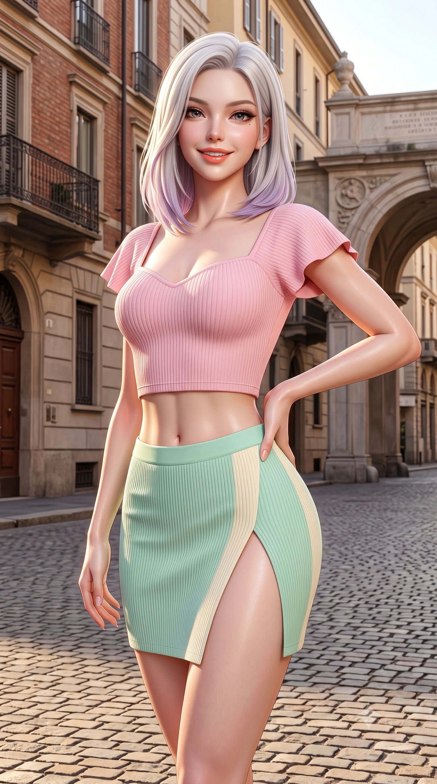 score_9, masterpiece, best quality, ultra-detailed, high-budget anime keyframe, semi-realistic 3D game render, editorial fashion photography, tasteful artistic composition, Caucasian woman. close-up cowboy shot from the waist and thighs up, the character dominates the composition, filling the frame with her large presence. twisting her slender torso in an alluring contrapposto stance, one hand resting on her sculpted hip while flashing a radiant, playful smile with parted glossy lips while standing poised on the cobblestone square, twisting her slender torso in an alluring S-curve in the warm Italian afternoon light. The surrounding environment is rendered in vivid detail and crisp panoramic clarity. detailed knit top drape, sunlight specular sheen on skin, and Brera street architecture in high resolution. She has an exceptionally elegant, slender, and willowy female figure with an ultra-slim waist, flat toned midriff, narrow ribcage, and sculpted feminine hips creating an alluring, slim hourglass silhouette without bulk. sharp v-shaped jawline, high-bridge nose, intricate jewel-like sparkling eyes with depth, thick eyelashes, glossy parted lips with a natural peach sheen, bright cheerful beaming smile with an enchanting and coquettish sensual glint, exuding both youthful cute charm and seductive allure, flawlessly proportioned anatomical accuracy, strict slender model proportions, natural body alignment, perfectly sculpted long slender limbs, ultra-slim waistline, clean dynamic posture without body distortion. wearing a sweetheart-neckline baby-pink crop top with a high-slit wrap mini skirt accentuating her waist-to-hip curve in refreshing mint green and soft vanilla cream, formed from supple second-skin stretch ribbed knit clinging to her form, featuring elegant flutter sleeves and a graceful square neckline, the form-fitting cut adhering flawlessly to her sculpted flat midriff and slender torso, emphasizing her long leg lines and perfectly proportioned willowy build. illuminated by crisp directional highlights accentuating her sculpted midriff, narrow waist, and curvy hips. highly saturated vibrant anime colors, detailed shading with soft gradients, rich glossy textures, high-contrast stereoscopic depth, volumetric dynamic lighting, master piece, 9:16 ratio