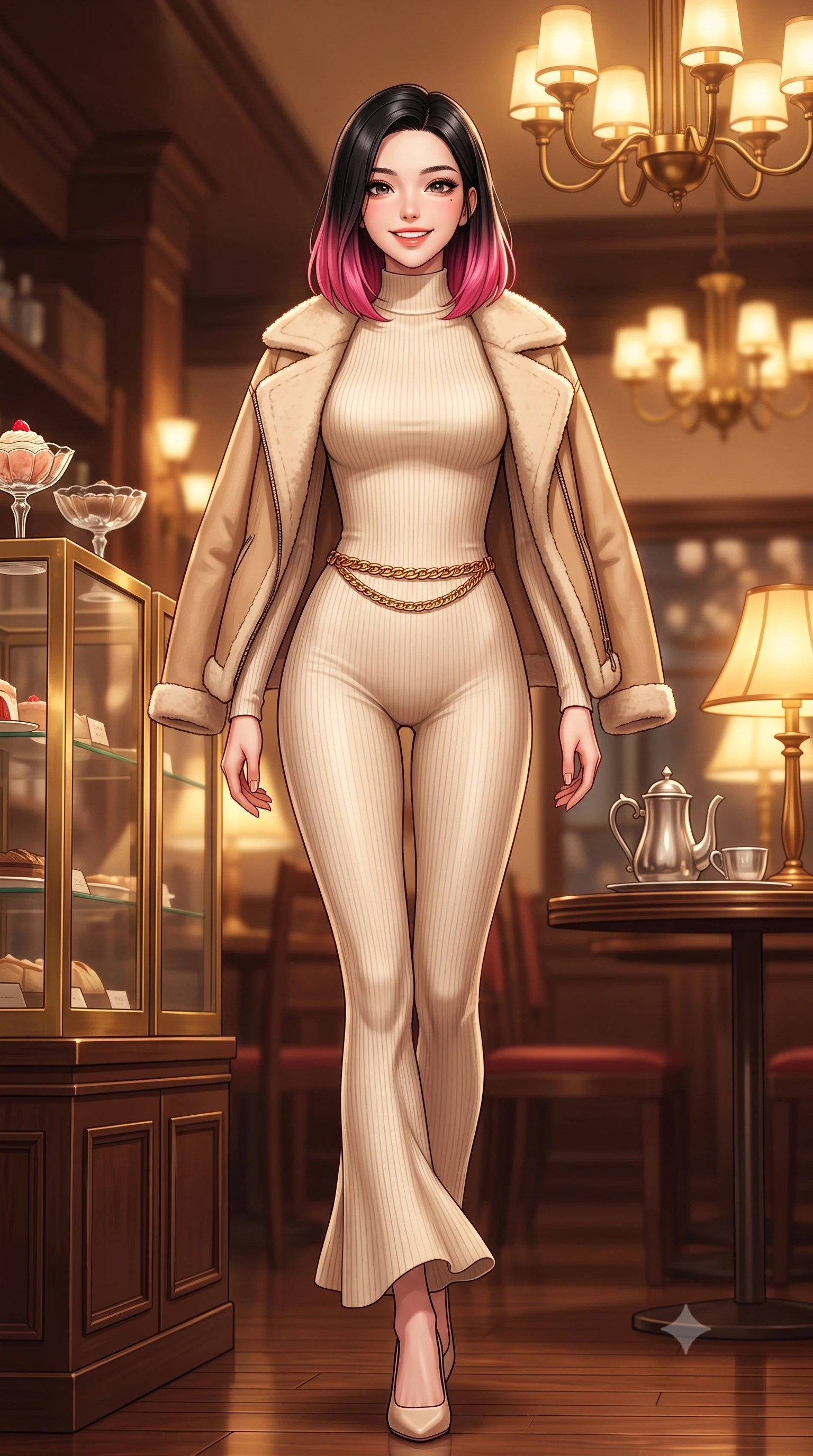 score_9, masterpiece, best quality, ultra-detailed, high-budget anime keyframe, semi-realistic 3D game render, editorial fashion photography, tasteful artistic composition, Korean woman. low angle full-body shot from head to toe showing her feet, filling the entire 9:16 vertical frame with her statuesque presence, stretching her vertical silhouette. executing an elegant pivot turn as the hem of her form-fitting knit sways rhythmically, glancing back with joyful radiance and seductive allure while walking through the 1920s-inspired Ginza salon past brass-framed vitrines, turning with magnetic cosmopolitan charm. The background shows a soft-focus vintage crystal dessert coupes and silver coffee services softened in nostalgic Tokyo cafe romance shallow focus. She has an exceptionally tall and slender model-like 8.5-heads proportion, an ultra-slim waist, a flat toned midriff, narrow delicate ribcage, and beautifully sculpted feminine hips creating a graceful, slim hourglass silhouette without any bulky heaviness, with impossibly long slender legs. sharp v-shaped jawline, high-bridge nose, intricate jewel-like sparkling eyes with depth, thick eyelashes, glossy parted lips with a natural peach sheen, bright cheerful beaming smile with an enchanting and coquettish sensual glint, exuding both youthful cute charm and seductive allure, flawlessly proportioned anatomical accuracy, strict slender model proportions, natural body alignment, perfectly sculpted long slender limbs, ultra-slim waistline, clean dynamic posture without body distortion. wearing an ultra-snug ribbed merino wool catsuit jumpsuit tracing her long slender limbs and narrow waist under an open shearling jacket in soft champagne ivory and warm biscuit beige, tailored from premium double-knit ponte with sleek sculpting hold and smooth contours, finished with a sleek gold chain belt resting snugly across her narrow waist and curving hips, the snug waist-cinching tailoring accentuating her ultra-slim waistline and the enchanting curve of her feminine hips with alluring seductive charm. bathed in warm 2900K incandescent amber illumination from authentic Art Deco brass chandeliers and table lamps. highly saturated vibrant anime colors, detailed shading with soft gradients, rich glossy textures, high-contrast stereoscopic depth, volumetric dynamic lighting, master piece, 9:16 ratio