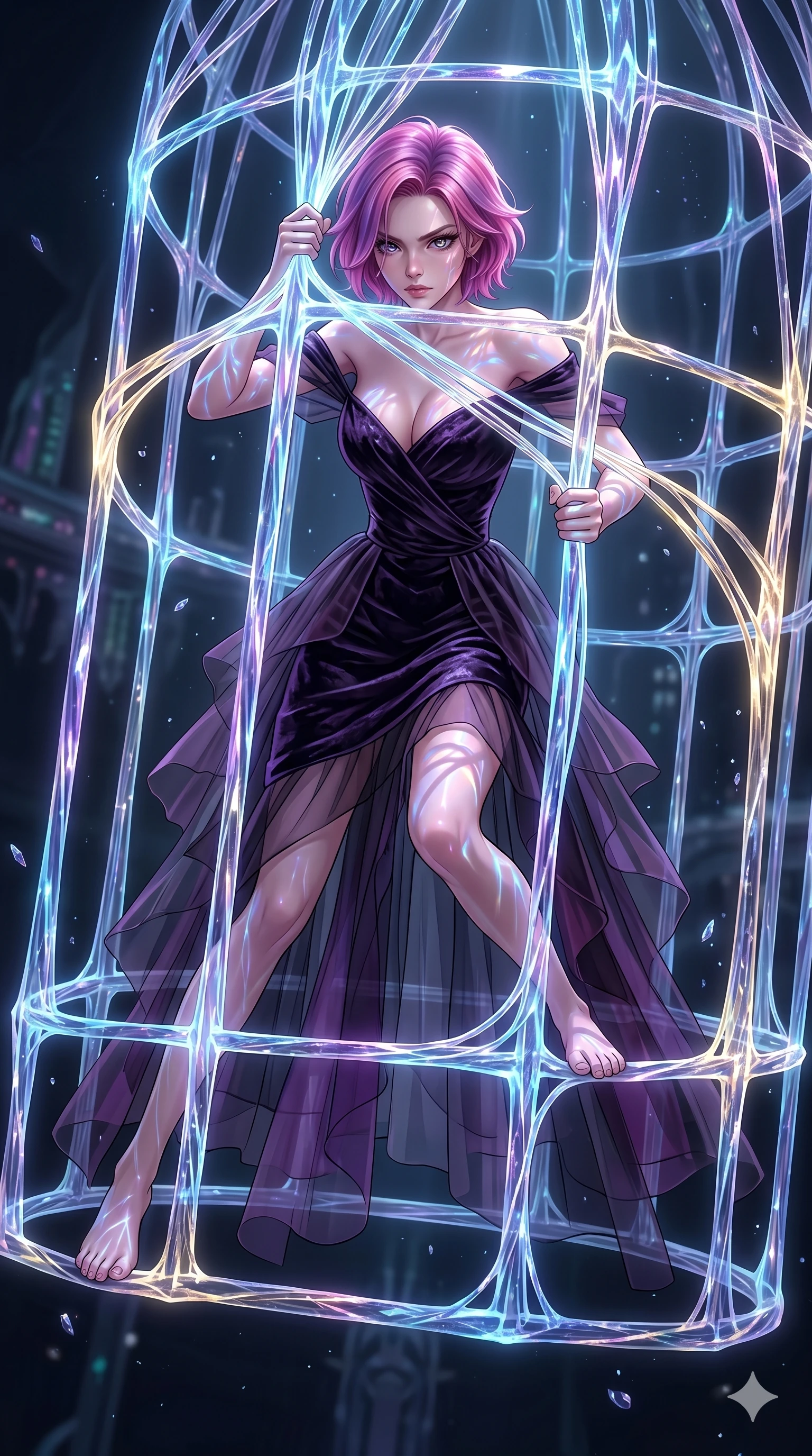 score_9, masterpiece, best quality, ultra-detailed, High-budget Anime Keyframe, East Asian woman. Dynamic full-body shot stretching the vertical silhouette to the limit. Scenario 292: Trapped in a cage of glowing crystalline fibers, body pressing against the bars. Her presence is magnetic and overpowering in this high-budget anime scene. Outfit 292: A crushed dark velvet second with a low-cut shoulder and translucent layers. The clothing is designed to emphasize her exceptionally tall and slender 8-heads proportion. 8-heads proportion, towering silhouette, ultra-slim waist. sharp v-shaped jawline, intricate jewel-like eyes with depth, thick eyelashes, glossy lips. 2k, ultra detail, master piece, 9:16 ratio
