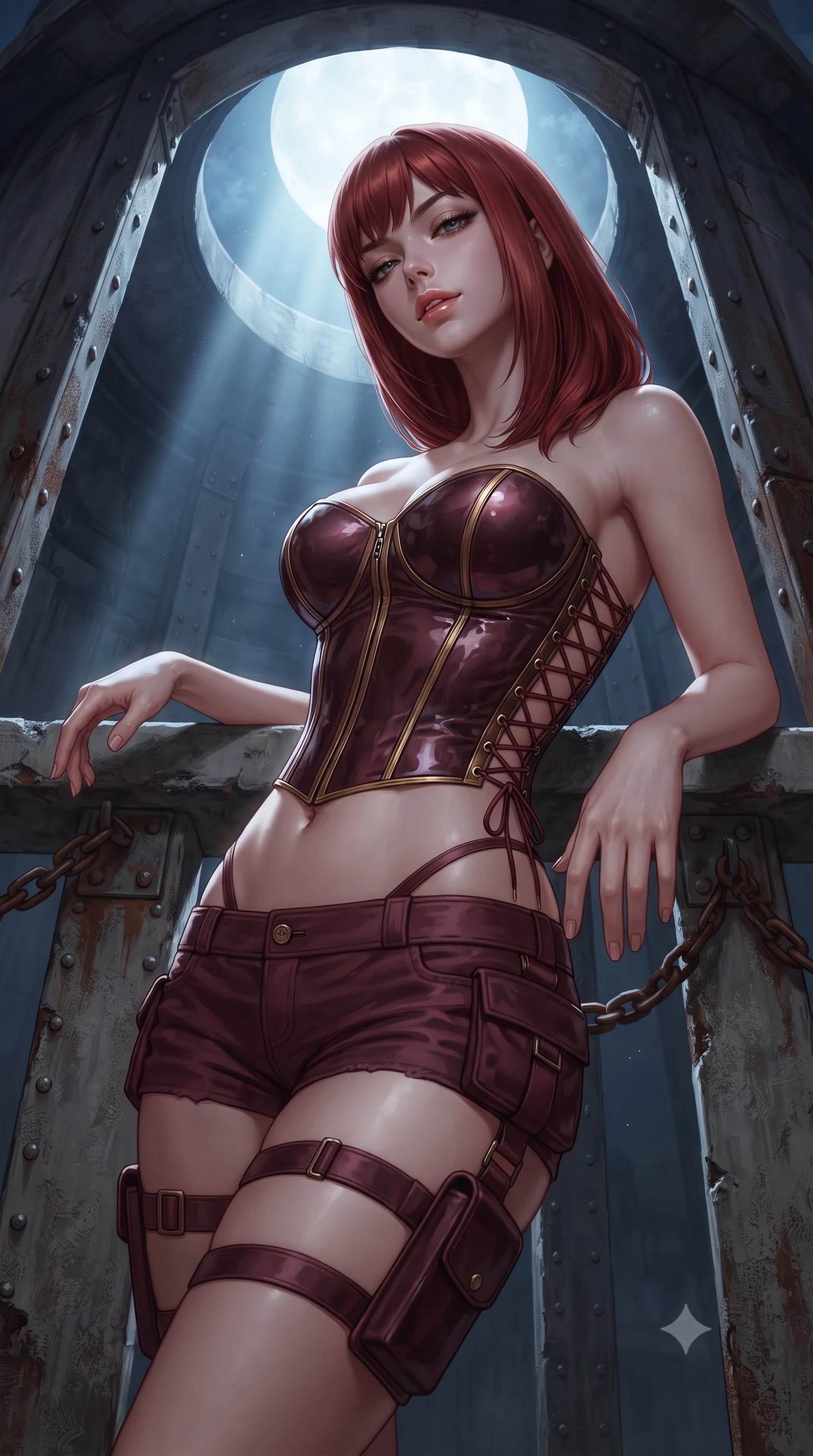 score_9, masterpiece, best quality, ultra-detailed, high-budget anime keyframe, editorial fashion photography, tasteful artistic composition, Caucasian woman. close-up cowboy shot from the waist and thighs up, the character dominates the composition, filling the frame with her large presence. leaning back against the balustrade with relaxed seductive grace, head tilted back slightly while casting a hypnotic, heavy-lidded gaze while twisting her slender torso in an alluring S-curve, moonlight pouring through the giant circular top opening onto her waist and hips. The surrounding environment is rendered in vivid detail and crisp panoramic clarity: sharp weathered concrete surface texture, riveted iron catwalk joints, and rusted chain links in deep focus. She has an exceptionally elegant, slender, and willowy female figure with an ultra-slim waist, flat toned midriff, narrow ribcage, and sculpted feminine hips creating an alluring, slim hourglass silhouette without bulk. sharp v-shaped jawline, high-bridge nose, sparkling eyes with hypnotic seductive depth, thick curled eyelashes, glossy parted lips with a natural dewy peach sheen, alluring bedroom-eyes with an enchanting coquettish smile, exuding magnetic siren charisma and sophisticated glamour, flawlessly proportioned anatomical accuracy, strict slender model proportions, natural body alignment, perfectly sculpted long slender limbs, ultra-slim waistline, clean dynamic posture without body distortion. wearing a structured boned tactical leatherette corset bodice paired with low-rise cargo hot-pants and thigh holster straps in smoky bordeaux wine and gilded bronze, crafted from second-skin technical compression fabric with moisture-wicking stretch, finished with fine criss-cross lace-up side ties revealing tantalizing glimpses of her hip curve, the second-skin tailored fabric adhering flawlessly to her sculpted flat midriff and slender torso, emphasizing her long leg lines and perfectly proportioned willowy build. bathed in a dramatic shaft of celestial starlight and moonlight descending straight down the center of the tower. ultra-reflective glossy finish, specular highlights, rich textural contrasts, high-contrast stereoscopic depth, volumetric dynamic lighting, 2k, ultra detail, master piece, 9:16 ratio