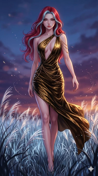 score_9, masterpiece, best quality, ultra-detailed, High-budget Anime Keyframe, East Asian woman. Dynamic full-body shot stretching the vertical silhouette to the limit. Scenario 108: Walking through a field of tall silver grass at twilight. Her pres