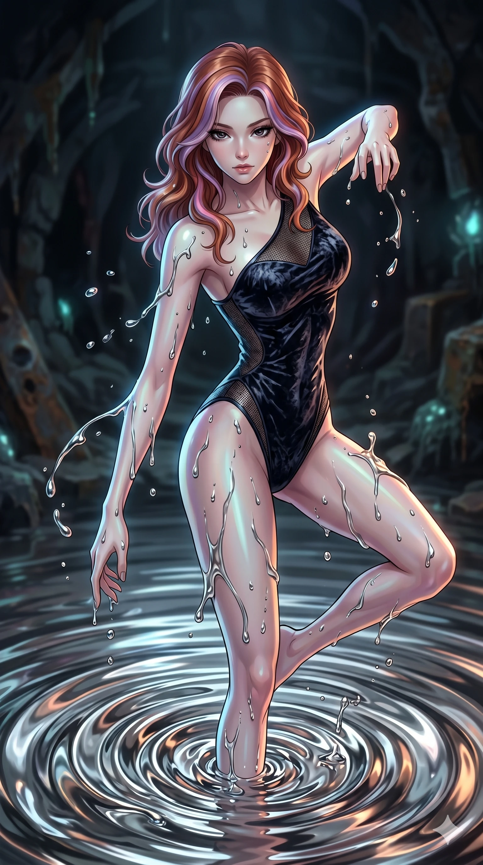 score_9, masterpiece, best quality, ultra-detailed, High-budget Anime Keyframe, East Asian woman. Dynamic full-body shot stretching the vertical silhouette to the limit. Scenario 244: Rising from a pool of mercury-like liquid, droplets rolling off her skin. Her presence is magnetic and overpowering in this high-budget anime scene. Outfit 244: A crushed dark velvet micro-mesh with a low-cut shoulder and tight-fitting silhouette. The clothing is designed to emphasize her exceptionally tall and slender 8-heads proportion. 8-heads proportion, towering silhouette, ultra-slim waist. sharp v-shaped jawline, intricate jewel-like eyes with depth, thick eyelashes, glossy lips. 2k, ultra detail, master piece, 9:16 ratio