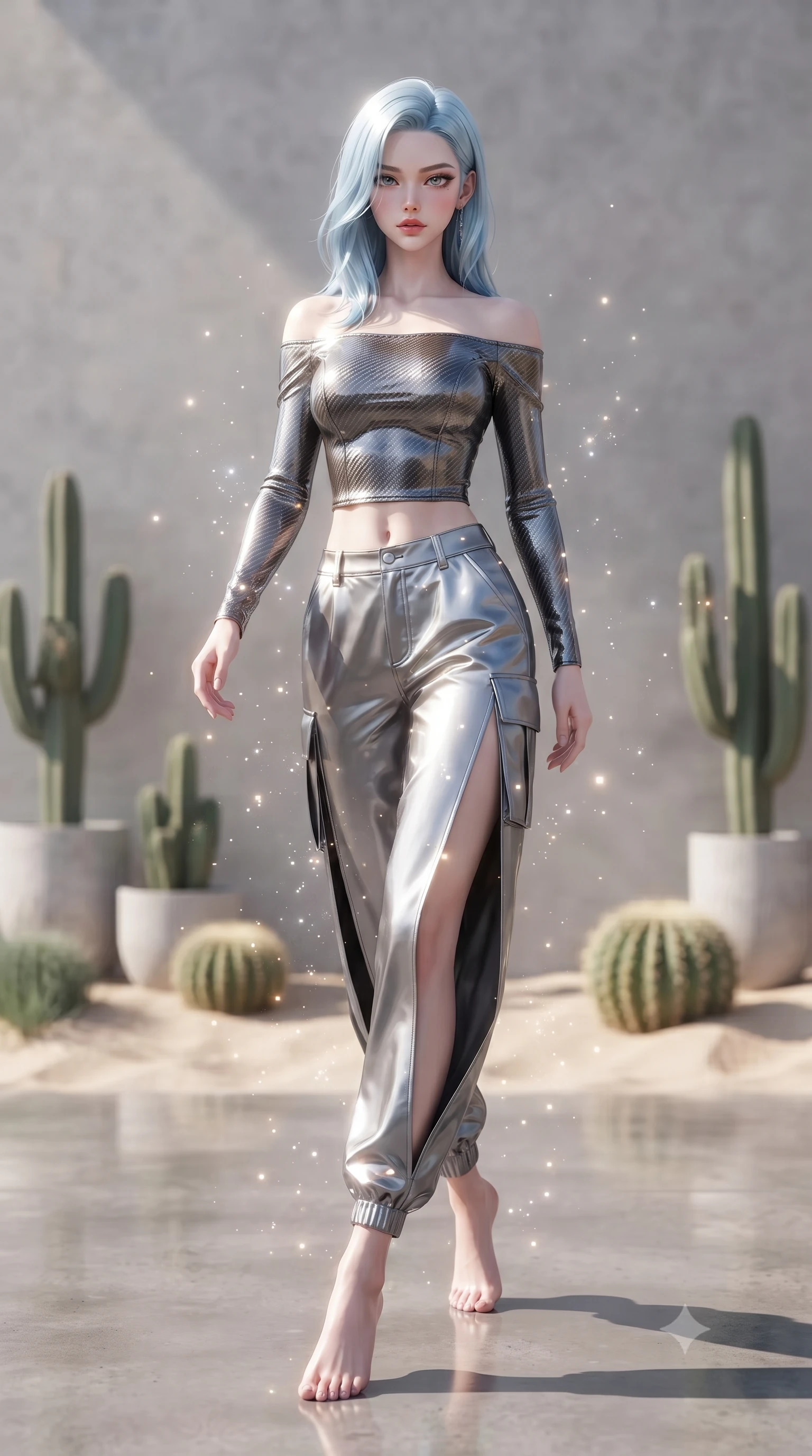 score_9, masterpiece, best quality, ultra-detailed, high-budget anime keyframe, editorial fashion photography, tasteful artistic composition, Korean woman. low angle full-body shot from head to toe showing her feet, filling the entire 9:16 vertical frame with her statuesque presence, stretching her vertical silhouette. stepping gracefully through floating stardust particles, her body-contouring suit showing her athletic, slender silhouette, the background shows a soft-focus a concrete desert patio with minimalist cacti and sand landscaping. She has an absolutely perfect, statuesque 8.5-heads proportion, an exceptionally tall and slender model-like female figure with impossibly long slender legs and an ultra-slim waist. sharp v-shaped jawline, high-bridge nose, intricate jewel-like eyes with depth, thick eyelashes, glossy lips with a natural sheen. wearing a slim-fit off-shoulder carbon-fiber armor top paired with high-slit tactical cargo pants, showing her delicately sculpted midriff. bright midday sun rays creating clean, sharp shadows and reflections. ultra-reflective glossy finish, specular highlights, metallic sheen, high-contrast stereoscopic depth, volumetric dynamic lighting, 2k, ultra detail, master piece, 9:16 ratio