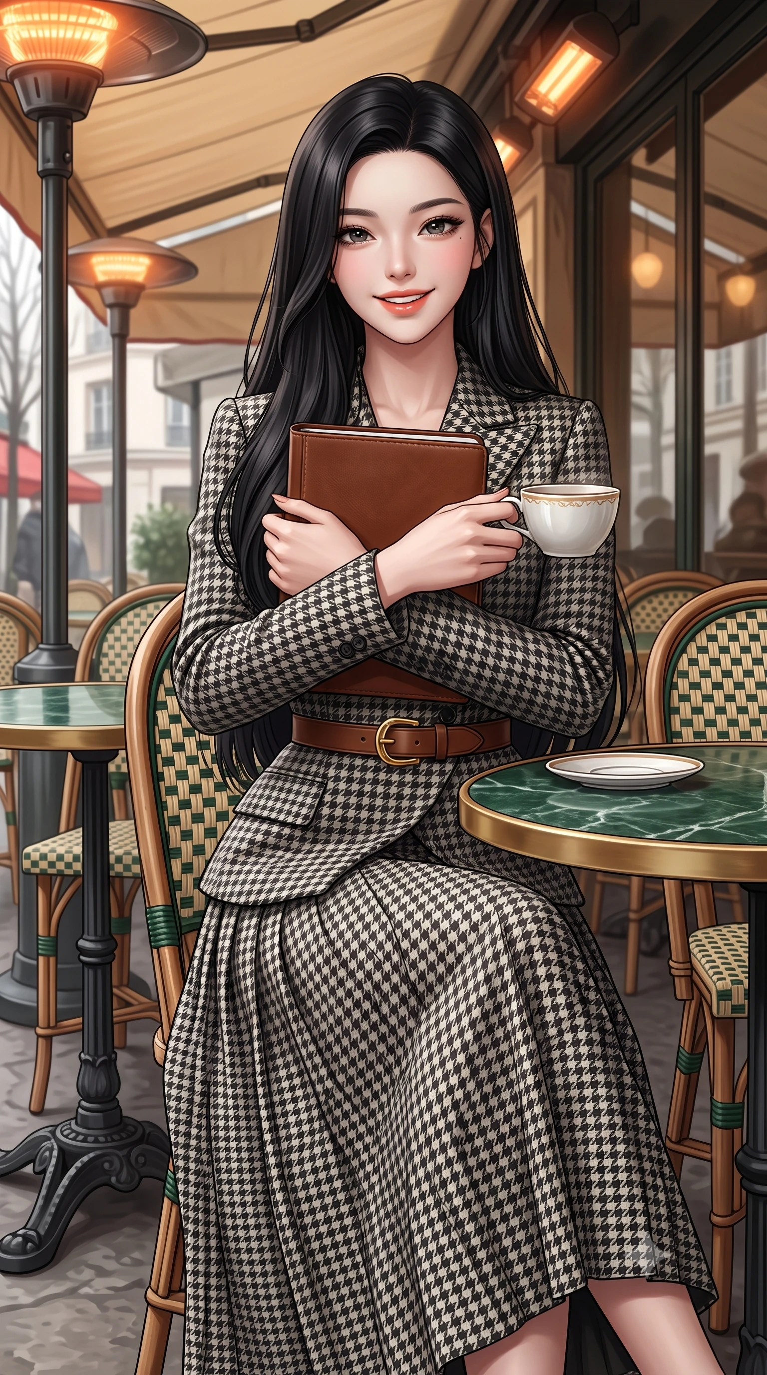 score_9, masterpiece, best quality, ultra-detailed, high-budget anime keyframe, semi-realistic 3D game render, editorial fashion photography, tasteful artistic composition, Korean woman. close-up cowboy shot from the waist and thighs up, the character dominates the composition, filling the frame with her large presence. holding a leather notebook close to her chest with both arms, smiling delightfully with youthful scholarly grace while sitting poised at a round green marble bistrot table beneath the heated cafe awning, cradling a porcelain cup with a radiant French smile. The surrounding environment is rendered in vivid detail and crisp panoramic clarity: sharp green marble tabletop veining, intricate woven rattan chair patterns, and cast-iron table base curves in deep focus. She has an exceptionally elegant, slender, and willowy female figure with an ultra-slim waist, flat toned midriff, narrow ribcage, and sculpted feminine hips creating an alluring, slim hourglass silhouette without bulk. sharp v-shaped jawline, high-bridge nose, intricate jewel-like sparkling eyes with depth, thick eyelashes, glossy parted lips with a natural peach sheen, bright cheerful beaming smile with an enchanting and coquettish sensual glint, exuding both youthful cute charm and seductive allure, flawlessly proportioned anatomical accuracy, strict slender model proportions, natural body alignment, perfectly sculpted long slender limbs, ultra-slim waistline, clean dynamic posture without body distortion. wearing an asymmetrical-wrap tailored wool jacket with clean geometric lines paired with a structured pleated maxi skirt in classic Savile Row charcoal houndstooth and crisp ivory, made of luxurious brushed wool flannel with rich textural depth and clean structure, finished with a smooth equestrian bridle-leather belt with a polished brass horseshoe buckle, the bespoke architectural tailoring hugging her natural waistline with sartorial precision, creating a clean graceful hourglass silhouette with tall model elegance. bathed in soft overcast Parisian natural daylight warmed by glowing overhead outdoor patio heaters. highly saturated vibrant anime colors, detailed shading with soft gradients, rich glossy textures, high-contrast stereoscopic depth, volumetric dynamic lighting, master piece, 9:16 ratio