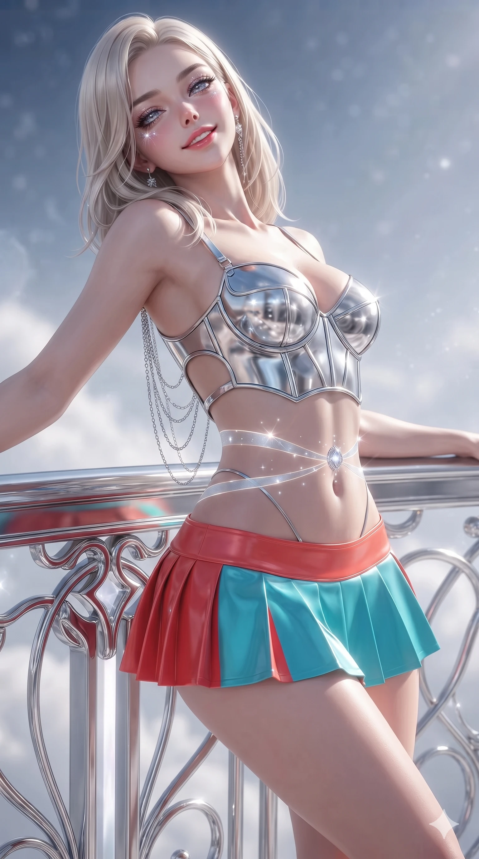 score_9, masterpiece, best quality, ultra-detailed, high-budget anime keyframe, editorial fashion photography, tasteful artistic composition, Caucasian woman. close-up cowboy shot from the waist and thighs up, the character dominates the composition, filling the frame with her large presence. leaning back against the balustrade with relaxed seductive grace, head tilted back slightly while casting a hypnotic, heavy-lidded gaze while twisting her slender torso in an alluring S-curve, celestial diamond starlight and platinum ring glows casting silver light ribbons across her flat midriff and hourglass curves. The background shows a soft-focus faint stardust mist softened in celestial sky-chamber sanctuary shallow focus. She has an exceptionally elegant, slender, and willowy female figure with an ultra-slim waist, flat toned midriff, narrow ribcage, and sculpted feminine hips creating an alluring, slim hourglass silhouette without bulk. sharp v-shaped jawline, high-bridge nose, intricate jewel-like sparkling eyes with depth, thick eyelashes, glossy parted lips with a natural peach sheen, bright cheerful beaming smile with an enchanting and coquettish sensual glint, exuding both youthful cute charm and seductive allure, flawlessly proportioned anatomical accuracy, strict slender model proportions, natural body alignment, perfectly sculpted long slender limbs, ultra-slim waistline, clean dynamic posture without body distortion. wearing a chrome-plated structured underwire bustier top paired with an ultra-short low-rise pleated micro mini skirt in cyber-shinto vermilion and laser turquoise, made of fluid liquid jersey with seamless sculpting hold and smooth contours, accented with an open-back drape framed by falling strands of delicate chrome chains, the precision-cut side openings and low-back scoop framing her graceful spine and the sensual sweep of her slim, toned hips. illuminated by white marble floor bounce and sharp diamond-platinum rim lights defining her razor-sharp jawline, narrow waist, and curvy hips. ultra-reflective glossy finish, specular highlights, rich textural contrasts, high-contrast stereoscopic depth, volumetric dynamic lighting, 2k, ultra detail, master piece, 9:16 ratio