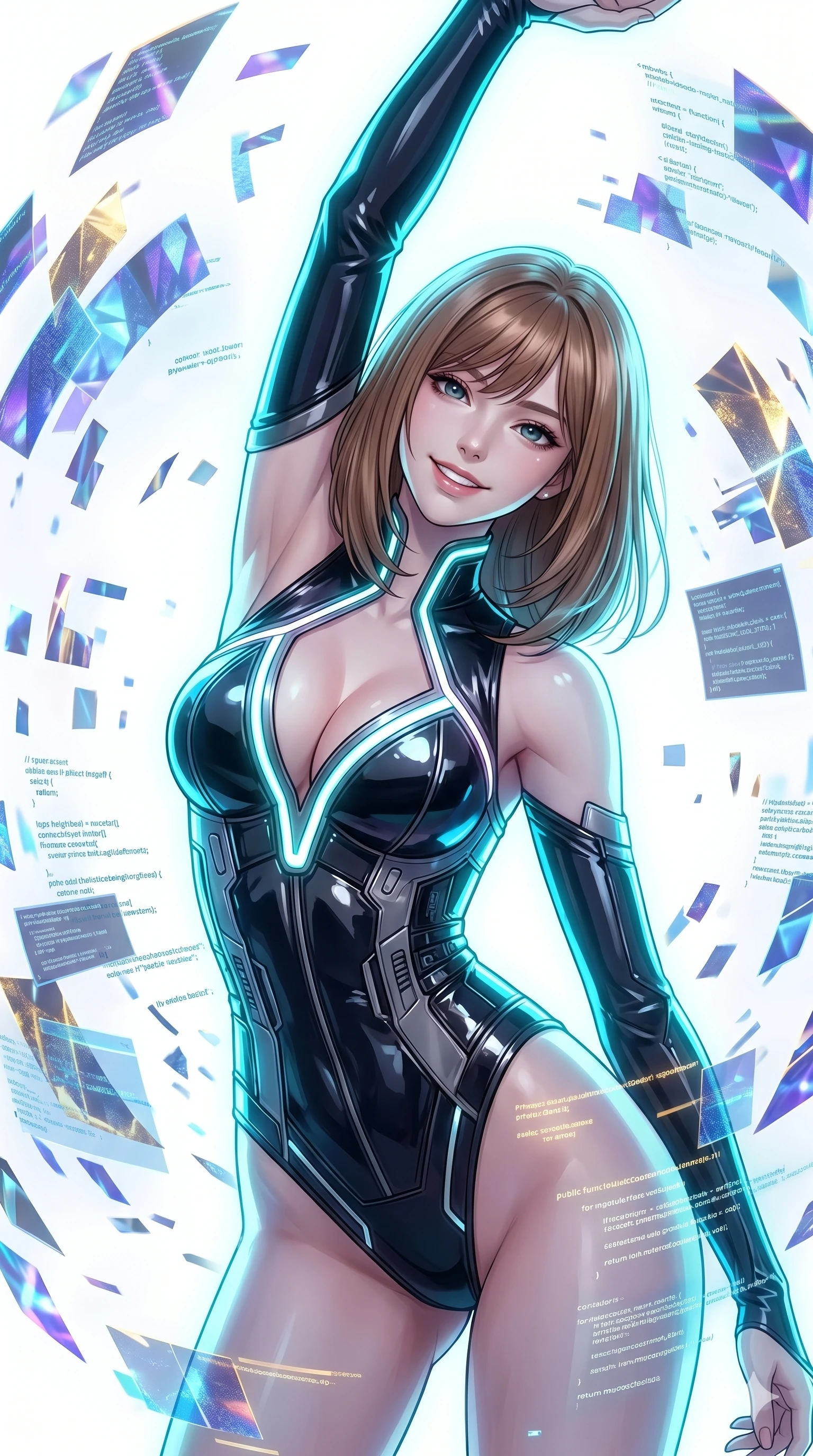 score_9, masterpiece, best quality, ultra-detailed, high-budget anime keyframe, editorial fashion photography, tasteful artistic composition, Korean woman. Upper body close-up from the thighs up, character filling the screen for maximum presence. She is leaning back with a confident, expressive smile amidst swirling holographic data shards in a brilliant white digital void. She stretches one arm overhead in a dynamic, fluid motion. She has an absolutely perfect 8-heads proportion, a tall and elegant figure with a refined silhouette and a defined waistline. V-shaped jawline, high-bridge nose, intricate jewel-like eyes with depth, thick eyelashes, glossy lips with a natural sheen. She is wearing a structured cybernetic bodice in glossy vinyl panels, paired with detached sleeves and a refined V-neckline detailed with glowing piping. The scene is illuminated by stark white key lights and a neon cyan rim light tracing her silhouette. 2k, ultra detail, master piece, 9:16 ratio