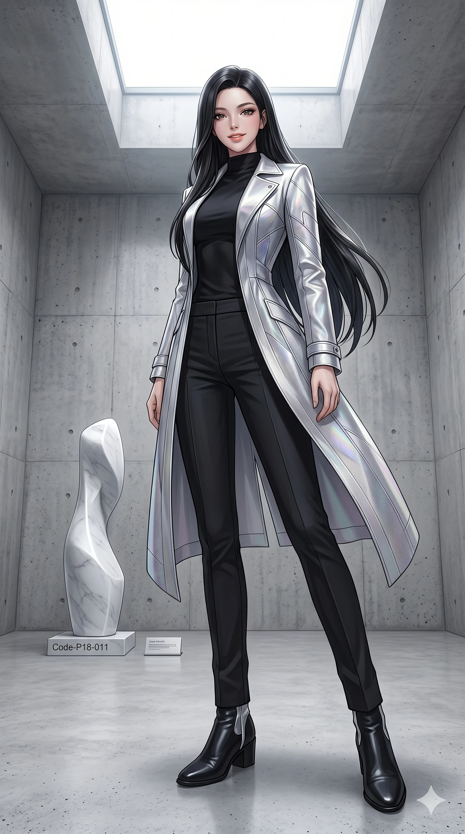 score_9, masterpiece, best quality, ultra-detailed, high-budget anime keyframe, editorial fashion photography, tasteful artistic composition, Korean woman. low angle full-body shot from head to toe showing her feet, filling the entire 9:16 vertical frame with her statuesque presence, stretching her vertical silhouette. smiling with quiet, magnetic self-assurance directly into the lens in a minimalist concrete gallery featuring a single white marble sculpture (Code-P18-011). She has an absolutely perfect 8-heads proportion, an exceptionally tall and slender female figure with impossibly long slender legs and an ultra-slim waist. V-shaped jawline, high-bridge nose, intricate jewel-like eyes with depth, thick eyelashes, glossy lips with a natural sheen. wearing a futuristic silver trench coat over a high-neck black top and trousers. soft glowing ambient light from a large skylight, highlighting her high-bridge nose and lips. 2k, ultra detail, master piece, 9:16 ratio