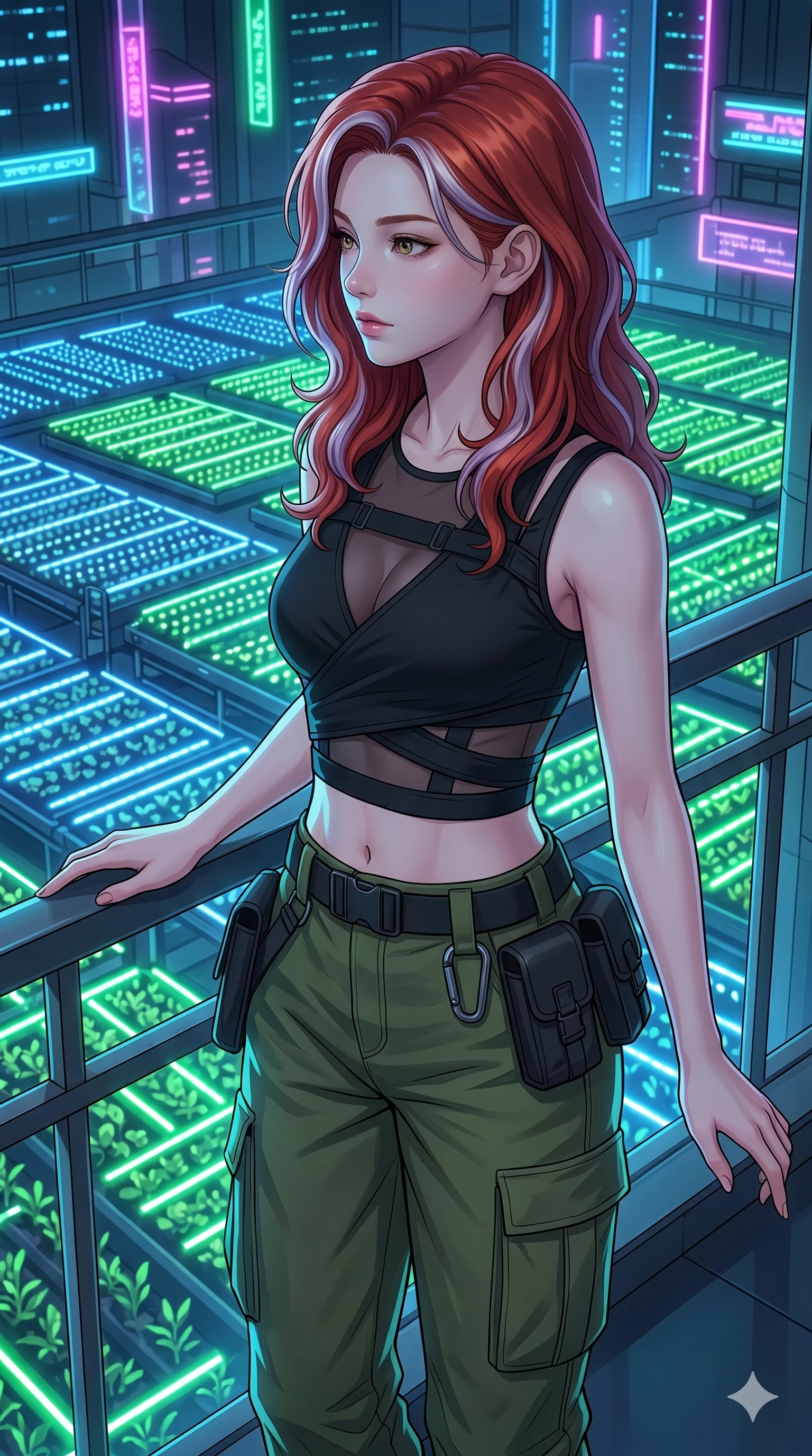 score_9, masterpiece, best quality, ultra-detailed, high-budget anime keyframe, Caucasian woman, strictly human ears. Upper body close-up from the thighs up, character filling the screen for maximum presence. Standing on a balcony overlooking a neon-lit organic farm, looking at the rows of glowing crops with a thoughtful, serene look. She is wearing a cropped wrap top with sheer panels and cargo pants with utility belt. The scene is illuminated by the blue and green light of the farm fields below. 2k, ultra detail, master piece, 9:16 ratio