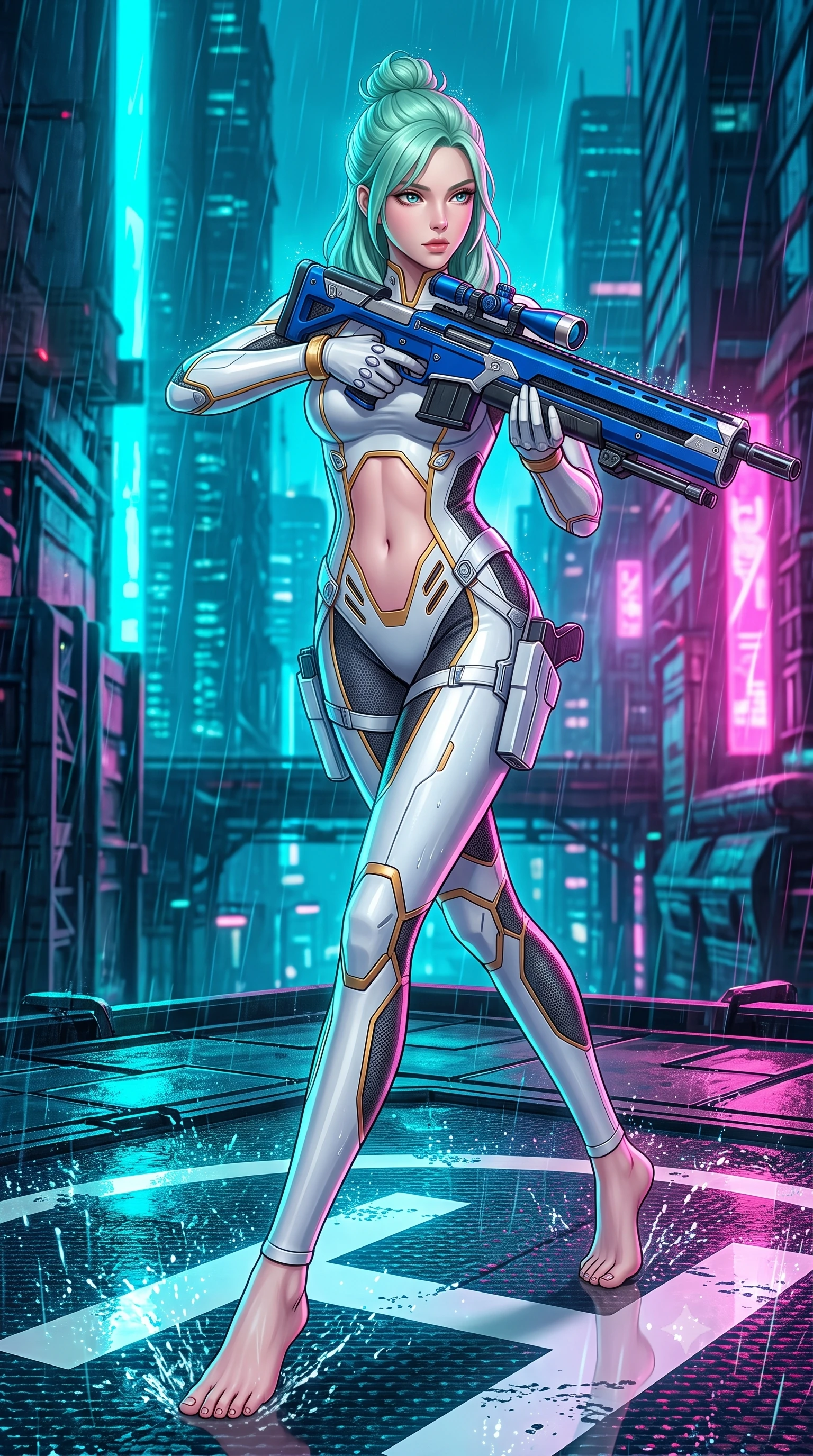 score_9, masterpiece, best quality, ultra-detailed, high-budget anime keyframe, semi-realistic 3D game render, editorial fashion photography, tasteful artistic composition, Japanese woman. low angle full-body shot from head to toe showing her feet, filling the entire 9:16 vertical frame with her statuesque presence, stretching her vertical silhouette. striding forward with commanding supermodel grace, weapon held at the ready, her 8.5-heads statuesque silhouette dominating the vertical frame from head to toe while pivoting dynamically across the illuminated helipad markings as neon rain droplets splash off her glowing energy blade. The surrounding environment is rendered in vivid detail and crisp panoramic clarity. high-contrast tactical chiaroscuro and atmospheric cyberpunk urban textures captured with precision. She has an absolutely perfect, statuesque 8.5-heads proportion, an exceptionally tall and slender model-like female figure with impossibly long slender legs, a toned flat midriff, and an ultra-slim waist. sharp v-shaped jawline, high-bridge nose, intricate jewel-like eyes with depth, thick eyelashes, glossy lips with a natural sheen, flawlessly proportioned anatomical accuracy, strict slender model proportions, natural body alignment, perfectly sculpted long slender limbs, ultra-slim waistline, clean dynamic posture without body distortion. wearing a form-contouring arctic white carbon-composite battle-suit with solar gold trim and diagonal midriff vents, aiming a precision carbon-fiber railgun sniper rifle with divine focus in electric cobalt blue carbon with polished platinum trim, tailored from flexible second-skin carbon-mesh that clings flawlessly to her athletic curves, detailed with magnetic weapon holsters and polished chrome connection clasps, the precision-cut daring openings accentuating her delicate midriff, graceful bare collarbones, and ultra-slim feminine waistline. bathed in vivid high-contrast neon cyan and magenta city backlighting with electric blade glow. rich saturated anime colors with glowing neon highlights, detailed shading with soft gradients, rich glossy textures, high-contrast stereoscopic depth, volumetric dynamic lighting, master piece, 9:16 ratio