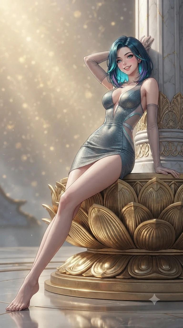 score_9, masterpiece, best quality, ultra-detailed, high-budget anime keyframe, editorial fashion photography, tasteful artistic composition, Caucasian woman. low angle full-body shot from head to toe showing her feet, filling the entire 9:16 vertical frame with her statuesque presence, stretching her vertical silhouette. standing tall beside the architectural column, one hand resting high while arching her lower back to emphasize her sculpted feminine hips and slender waist while lounging gracefully across the gilded lotus dais propped on one elbow with legs extended, displaying her long slender limbs and statuesque hourglass silhouette against the celestial porcelain matrix. The background shows a soft-focus golden stardust haze softened in celestial kintsugi sanctuary shallow focus. She has an exceptionally tall and slender model-like 8.5-heads proportion, an ultra-slim waist, a flat toned midriff, narrow delicate ribcage, and beautifully sculpted feminine hips creating a graceful, slim hourglass silhouette without any bulky heaviness, with impossibly long slender legs. sharp v-shaped jawline, high-bridge nose, intricate jewel-like sparkling eyes with depth, thick eyelashes, glossy parted lips with a natural peach sheen, bright cheerful beaming smile with an enchanting and coquettish sensual glint, exuding both youthful cute charm and seductive allure, flawlessly proportioned anatomical accuracy, strict slender model proportions, natural body alignment, perfectly sculpted long slender limbs, ultra-slim waistline, clean dynamic posture without body distortion. wearing an alluring plunging sweetheart bodice dress with sheer mesh side-waist cutouts contouring her ribs in glacial aurora cyan and starlight silver, tailored from high-density tech-wool with subtle metallic thread weave, complemented by sheer opera-length evening gloves tracing her slender arms, the precision-cut side openings and low-back scoop framing her graceful spine and the sensual sweep of her slim, toned hips. illuminated by mirrored altar floor reflection bounce and sharp gold-leaf rim lights sculpting her razor-sharp jawline, narrow waist, and curvy hips. ultra-reflective glossy finish, specular highlights, rich textural contrasts, high-contrast stereoscopic depth, volumetric dynamic lighting, 2k, ultra detail, master piece, 9:16 ratio