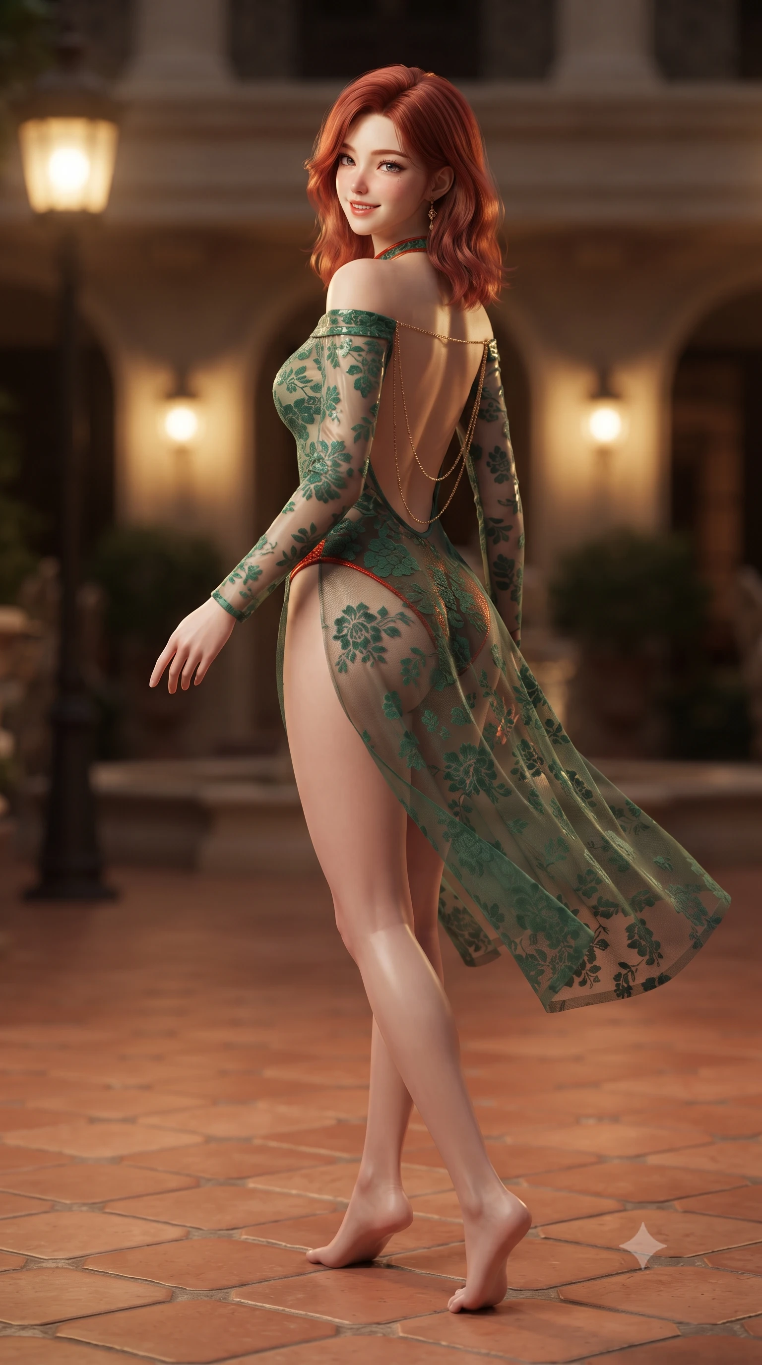 score_9, masterpiece, best quality, ultra-detailed, high-budget anime keyframe, editorial fashion photography, tasteful artistic composition, Korean woman. low angle full-body shot from head to toe showing her feet, filling the entire 9:16 vertical frame with her statuesque presence, stretching her vertical silhouette. executing a slow, graceful pivot turn as her skirt sways around her slender legs, glancing back with an enchanting, teasing sensual expression while walking slowly across the terracotta tile terrace with tall model strides, evening breezes molding her outfit to her hourglass curves. The background shows a soft-focus warm pierced iron lantern glows softened in vintage Golden Age estate shallow focus. She has an exceptionally tall and slender model-like 8.5-heads proportion, an ultra-slim waist, a flat toned midriff, narrow delicate ribcage, and beautifully sculpted feminine hips creating a graceful, slim hourglass silhouette without any bulky heaviness, with impossibly long slender legs. sharp v-shaped jawline, high-bridge nose, intricate jewel-like sparkling eyes with depth, thick eyelashes, glossy parted lips with a natural peach sheen, bright cheerful beaming smile with an enchanting and coquettish sensual glint, exuding both youthful cute charm and seductive allure, flawlessly proportioned anatomical accuracy, strict slender model proportions, natural body alignment, perfectly sculpted long slender limbs, ultra-slim waistline, clean dynamic posture without body distortion. wearing an off-the-shoulder sheer-illusion mesh bodysuit with strategic floral flocking and high-cut leg openings in Tanjong Pagar Peranakan jade green and gilded vermilion, made of fluid liquid jersey with seamless sculpting hold and smooth contours, accented with an open-back drape framed by falling strands of delicate gold chains, the bespoke structured tailoring following the natural line of her 8.5-heads silhouette with refined elegance. illuminated by fountain water reflection bounce and sharp amber-gold rim lights defining her razor-sharp jawline, narrow waist, and curvy hips. ultra-reflective glossy finish, specular highlights, rich textural contrasts, high-contrast stereoscopic depth, volumetric dynamic lighting, 2k, ultra detail, master piece, 9:16 ratio