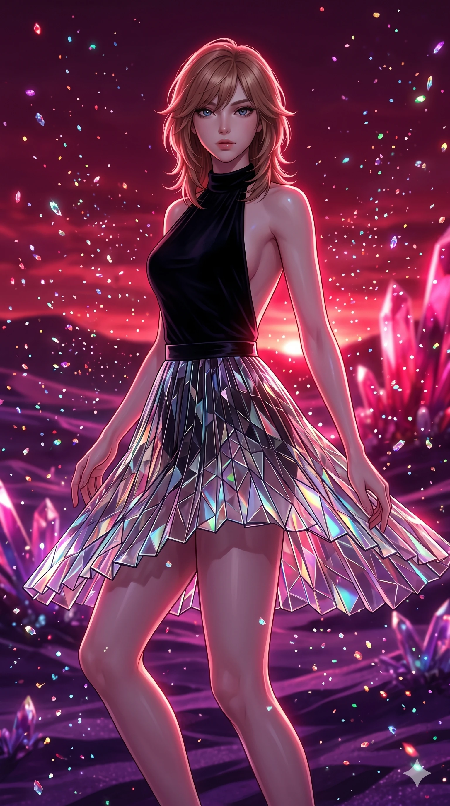 score_9, masterpiece, best quality, ultra-detailed, high-budget anime keyframe, editorial fashion photography, tasteful artistic composition, Korean woman. upper body close-up from the thighs up, character filling the screen for maximum presence. descending from in a purple crystalline desert under a crimson sunset while thousands of shimmering crystal dust particles dance in the air. She has an absolutely perfect 8-heads proportion, an exceptionally tall and slender female figure with impossibly long slender legs and an ultra-slim waist. V-shaped jawline, high-bridge nose, intricate jewel-like eyes with depth, thick eyelashes, glossy lips with a natural sheen.. wearing a fractal glass pleated skirt and a open-back black velvet halter neck top, creating a dramatic and elegant silhouette. illuminated by dramatic chiaroscuro casting soft shadows along her curves, with vibrant backlighting highlighting the dust particles. 2k, ultra detail, master piece, 9:16 ratio
