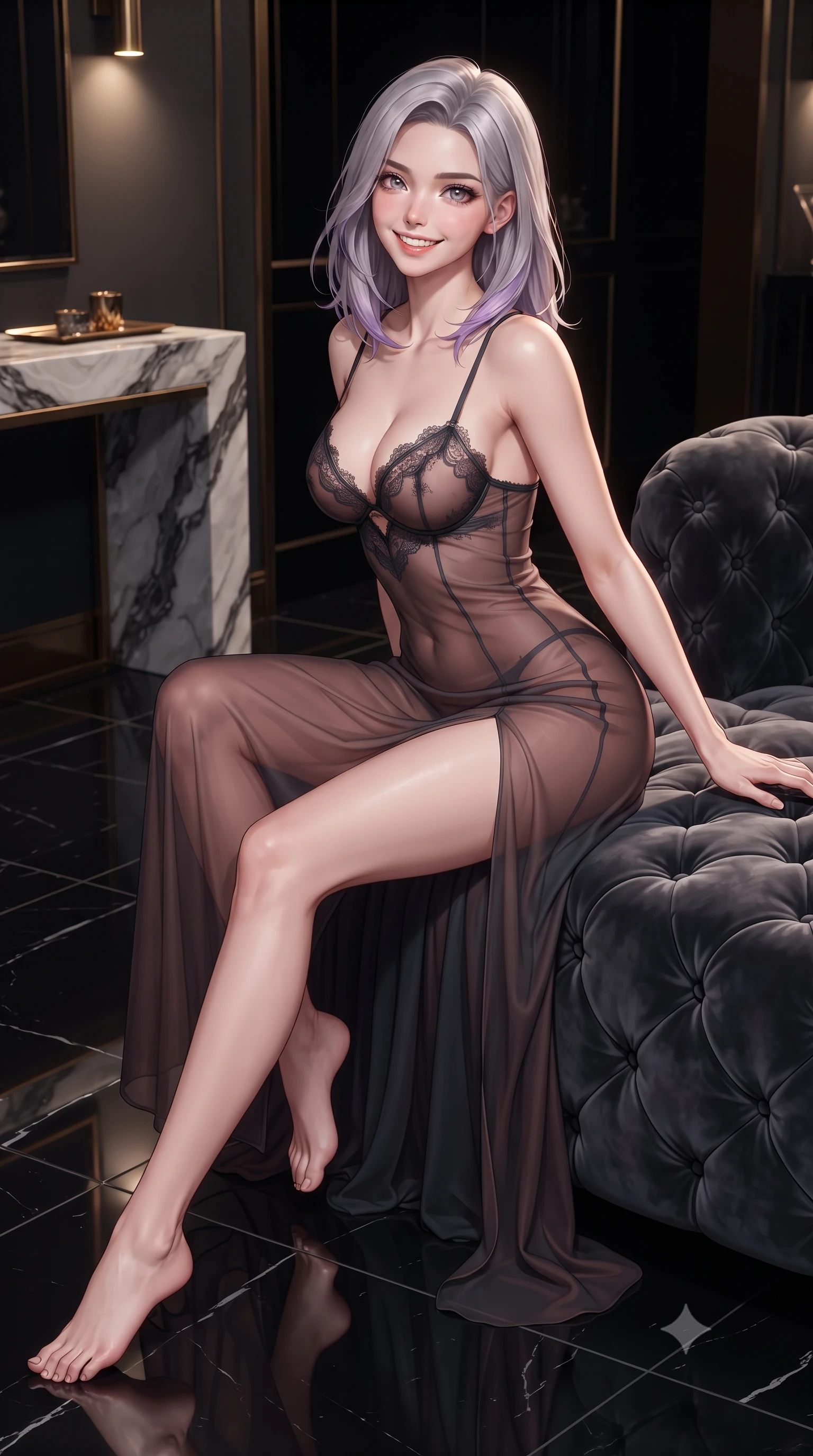 score_9, masterpiece, best quality, ultra-detailed, high-budget anime keyframe, editorial fashion photography, tasteful artistic composition, Caucasian woman. close-up cowboy shot from the waist and thighs up, the character dominates the composition, filling the frame with her large presence. perched sideways on the lounge seat, one knee drawn up to showcase her slender leg line while her arched back accentuates her feminine hip curve while walking slowly across the polished black marble floor with tall model strides, her sheer gown revealing her long slender legs. The surrounding environment is rendered in vivid detail and crisp panoramic clarity: sharp crystalline onyx stone veining relief, polished black Nero Marquina marble floor reflections, and brass fixture trim in deep focus. She has an exceptionally elegant, slender, and willowy female figure with an ultra-slim waist, flat toned midriff, narrow ribcage, and sculpted feminine hips creating an alluring, slim hourglass silhouette without bulk. sharp v-shaped jawline, high-bridge nose, intricate jewel-like sparkling eyes with depth, thick eyelashes, glossy parted lips with a natural peach sheen, bright cheerful beaming smile with an enchanting and coquettish sensual glint, exuding both youthful cute charm and seductive allure, flawlessly proportioned anatomical accuracy, strict slender model proportions, natural body alignment, perfectly sculpted long slender limbs, ultra-slim waistline, clean dynamic posture without body distortion. wearing an alluring sheer silk chiffon slip with delicate eyelash lace cups and high side leg slits in sultry copper rose and deep shadow charcoal, made of sheer gossamer chiffon that drapes softly against skin with airy translucence, finished with scalloped eyelash lace trim framing her sweetheart neckline with intimate elegance, the liquid-tight tailored fabric clinging flawlessly to her narrow waist and rounded feminine hips, emphasizing every millimeter of her sculpted slim hourglass curves without any bulky heaviness. illuminated by low-key ambient cove downlights and sharp amber-gold rim lights defining her dewy collarbones, narrow waist, and curvy hips. ultra-reflective glossy finish, specular highlights, rich textural contrasts, high-contrast stereoscopic depth, volumetric dynamic lighting, 2k, ultra detail, master piece, 9:16 ratio