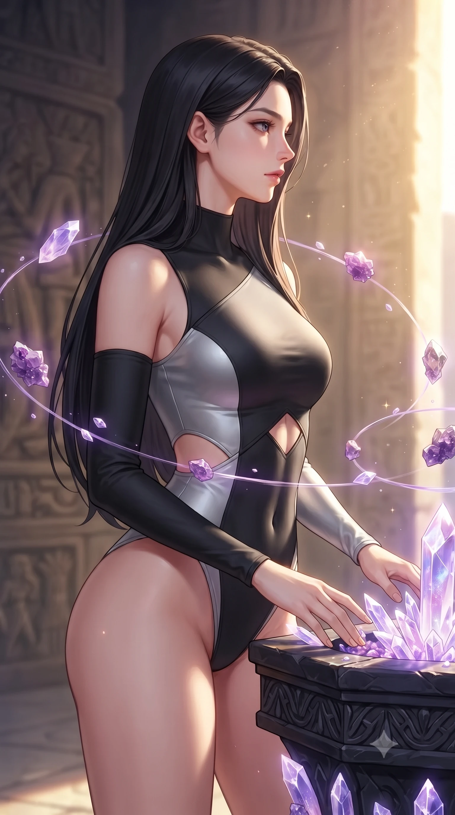 score_9, masterpiece, best quality, ultra-detailed, high-budget anime keyframe, editorial fashion photography, tasteful artistic composition, Korean woman. close-up cowboy shot from the waist and thighs up, the character dominates the composition, filling the frame with her large presence, background elements kept in soft focus. Turning her face in sharp dramatic profile against the bright light, showcasing her sharp v-shaped jawline resting on a carved obsidian altar surrounded by radiant crystal shards, floating amethyst clusters drifting in smooth circular orbits. She has an exceptionally elegant, slender, and willowy female figure with an ultra-slim waist, a gracefully sculpted slender torso, and a refined silhouette. sharp v-shaped jawline, high-bridge nose, intricate jewel-like eyes with depth, thick eyelashes, glossy lips with a natural sheen. wearing an asymmetrical high-cut tech-bodysuit with detached sleeves in matte black and polished silver, formed from sleek second-skin neoprene, featuring subtle geometric cutouts that highlight her ultra-slim midriff, the form-contouring material highlighting her ultra-slim waist and long lines. lit by warm golden sunlight colliding with cool violet crystal illumination. highly saturated vibrant anime colors, detailed shading with soft gradients, rich glossy textures, high-contrast stereoscopic depth, volumetric dynamic lighting, master piece, 9:16 ratio