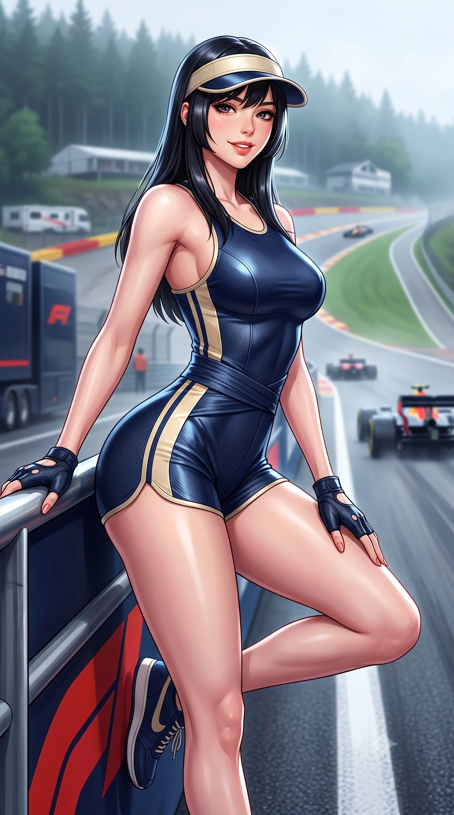 score_9, masterpiece, best quality, ultra-detailed, high-budget anime keyframe, semi-realistic 3D game render, editorial fashion photography, tasteful artistic composition, Caucasian woman. low angle full-body shot from head to toe showing her feet, filling the entire 9:16 vertical frame with her statuesque presence, stretching her vertical silhouette. leaning deep against the pit lane barrier with hips cocked back in an unapologetically alluring high-fashion stance, flashing a warm beaming smile while lounging in a heated team hospitality booth with one knee drawn up, her sleek racing outfit commanding the misty Belgian forest circuit. The background shows a soft-focus distant racing trailers and race cars disappearing up Raidillon softened in legendary European racing shallow focus. She has an absolutely perfect, statuesque 8.5-heads proportion, an exceptionally tall and slender model-like female figure with impossibly long slender legs, an ultra-slim waist, a flat toned midriff, narrow delicate ribcage, and beautifully sculpted feminine hips creating a graceful, slim hourglass silhouette without any bulky heaviness. sharp v-shaped jawline, high-bridge nose, sparkling eyes with athletic focus and depth, thick curled eyelashes, glossy parted lips with a natural coral-peach sheen, bright confident and coquettish smile with alluring bedroom-eyes, exuding both youthful sporty vigor and sovereign high-society glamour, flawlessly proportioned anatomical accuracy, strict slender model proportions, natural body alignment, perfectly sculpted long slender limbs, ultra-slim waistline, clean dynamic posture without body distortion. wearing a bodycon racerback athletic romper with high-cut leg openings and side racing stripe tape accentuating her curvy hips in Monaco navy blue and cream champagne gold, tailored from lightweight aerodynamic carbon-fiber composite with structured weave, accented with a sporty retro tennis visor and fingerless leather driving gloves, the high-waisted wrap tailoring accentuating her ultra-slim waistline and the enchanting curve of her feminine hips with alluring sporty charm. illuminated by track reflections and sharp crystalline rim lights carving her razor-sharp jawline, narrow waist, and curvy hips. highly saturated vibrant anime colors, detailed shading with soft gradients, rich glossy textures, high-contrast stereoscopic depth, volumetric dynamic lighting, master piece, 9:16 ratio