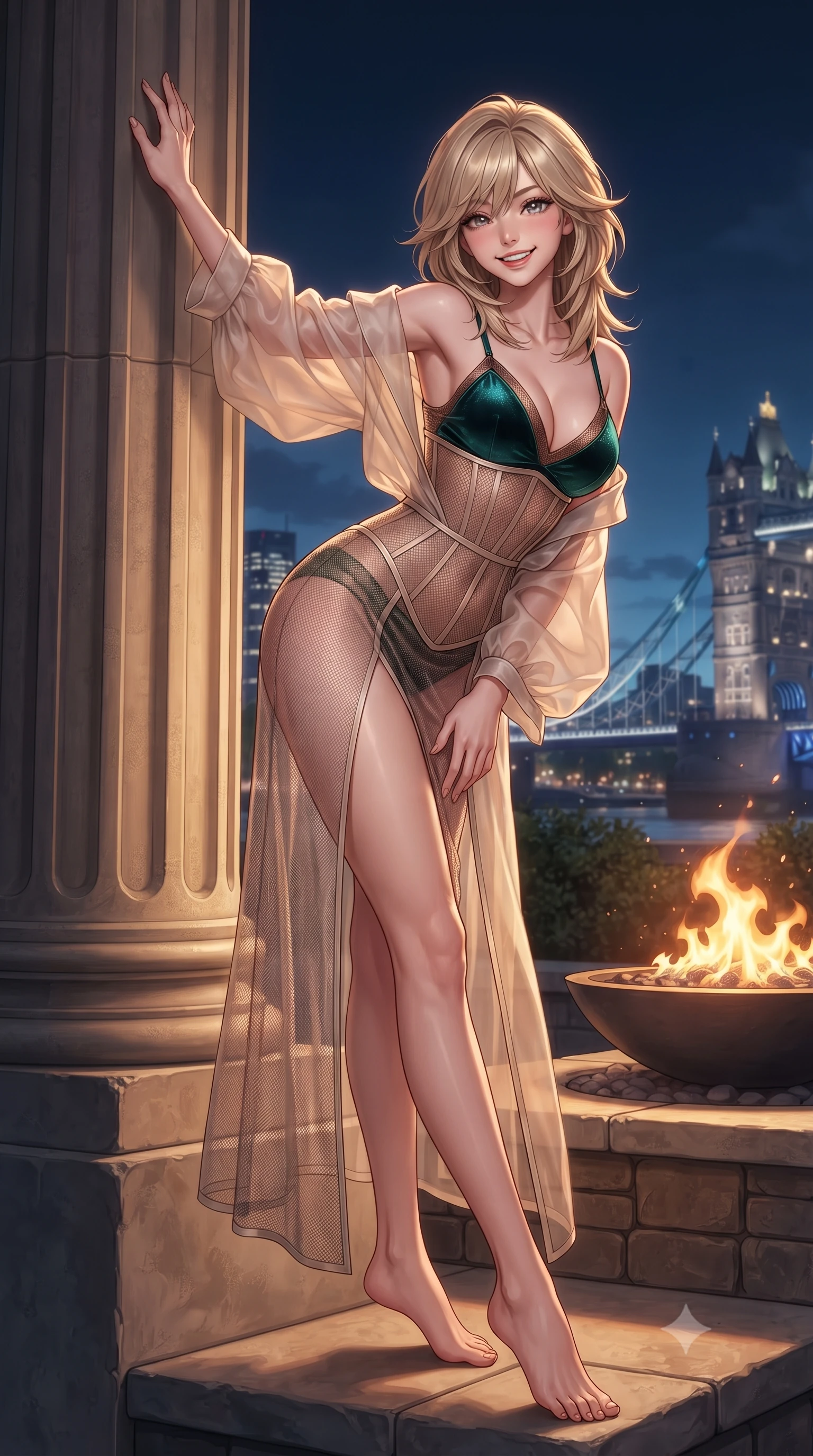 score_9, masterpiece, best quality, ultra-detailed, high-budget anime keyframe, editorial fashion photography, tasteful artistic composition, Japanese woman. low angle full-body shot from head to toe showing her feet, filling the entire 9:16 vertical frame with her statuesque presence, stretching her vertical silhouette. standing tall beside the architectural column, one hand resting high while arching her lower back to emphasize her sculpted feminine hips and slender waist while twisting her slender torso in an alluring S-curve beside the outdoor fire bowl, harbor breezes fluttering her sheer gown around her slender legs. The surrounding environment is rendered in vivid detail and crisp panoramic clarity: detailed alluring sheer mesh corset gown with exposed boning, hip-high leg slit, and iconic bridge architecture in razor-sharp precision. She has an exceptionally tall and slender model-like 8.5-heads proportion, an ultra-slim waist, a flat toned midriff, narrow delicate ribcage, and beautifully sculpted feminine hips creating a graceful, slim hourglass silhouette without any bulky heaviness, with impossibly long slender legs. sharp v-shaped jawline, high-bridge nose, intricate jewel-like sparkling eyes with depth, thick eyelashes, glossy parted lips with a natural peach sheen, bright cheerful beaming smile with an enchanting and coquettish sensual glint, exuding both youthful cute charm and seductive allure, flawlessly proportioned anatomical accuracy, strict slender model proportions, natural body alignment, perfectly sculpted long slender limbs, ultra-slim waistline, clean dynamic posture without body distortion. wearing a flowing gossamer silk organza boudoir peignoir slipping off one shoulder over a form-fitting satin bralette in deep emerald velvet and shimmering bronze, woven from stretch metallic lurex jersey casting radiant starlight glints across her curves, finished with scalloped eyelash lace trim framing her sweetheart neckline with intimate elegance, the glove-like clinging cut tightly following the natural contour of her hips and long slender legs with youthful 8.5-heads elegance. bathed in the warm dancing 2400K hearth light of the outdoor fire bowl contrasted with electric cityscape ambient. ultra-reflective glossy finish, specular highlights, rich textural contrasts, high-contrast stereoscopic depth, volumetric dynamic lighting, 2k, ultra detail, master piece, 9:16 ratio