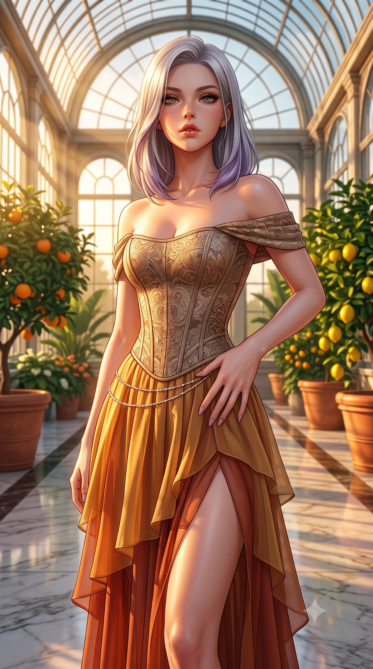 score_9, masterpiece, best quality, ultra-detailed, high-budget anime keyframe, semi-realistic 3D game render, editorial fashion photography, tasteful artistic composition, Caucasian woman. close-up cowboy shot from the waist and thighs up, the character dominates the composition, filling the frame with her large presence. resting one manicured hand delicately on her hip bone, her upper body turning in a fluid, seductive S-curve while parted lips glisten in the light while striding gracefully down the grand marble aisle of the monumental baroque glasshouse between giant potted citrus trees, arching her spine with imperial elegance. The surrounding environment is rendered in vivid detail and crisp panoramic clarity. detailed silk brocade gown weave, warm sunset specular sheen on skin, and baroque glasshouse clarity in high resolution. She has an exceptionally elegant, slender, and willowy female figure with an ultra-slim waist, flat toned midriff, narrow ribcage, and sculpted feminine hips creating an alluring, slim hourglass silhouette without bulk. sharp v-shaped jawline, high-bridge nose, intricate jewel-like eyes with depth, thick eyelashes, glossy parted lips with a natural sheen, intensely captivating and seductive bedroom-eyes expression, flawlessly proportioned anatomical accuracy, strict slender model proportions, natural body alignment, perfectly sculpted long slender limbs, ultra-slim waistline, clean dynamic posture without body distortion. wearing an off-shoulder French court corset bodice dress paired with a tiered translucent chiffon slit skirt in molten desert gold and burnt terracotta, tailored from water-resistant treated wool gabardine and flexible stretch silk, accented with a dainty diamond waist chain catching the ambient light reflections, the liquid-tight tailored fabric clinging flawlessly to her narrow waist and rounded feminine hips, emphasizing every millimeter of her sculpted slim hourglass curves without any bulky heaviness. bathed in dramatic golden hour sunset rays streaming through towering glasshouse arched windows. highly saturated vibrant anime colors, detailed shading with soft gradients, rich glossy textures, high-contrast stereoscopic depth, volumetric dynamic lighting, master piece, 9:16 ratio
