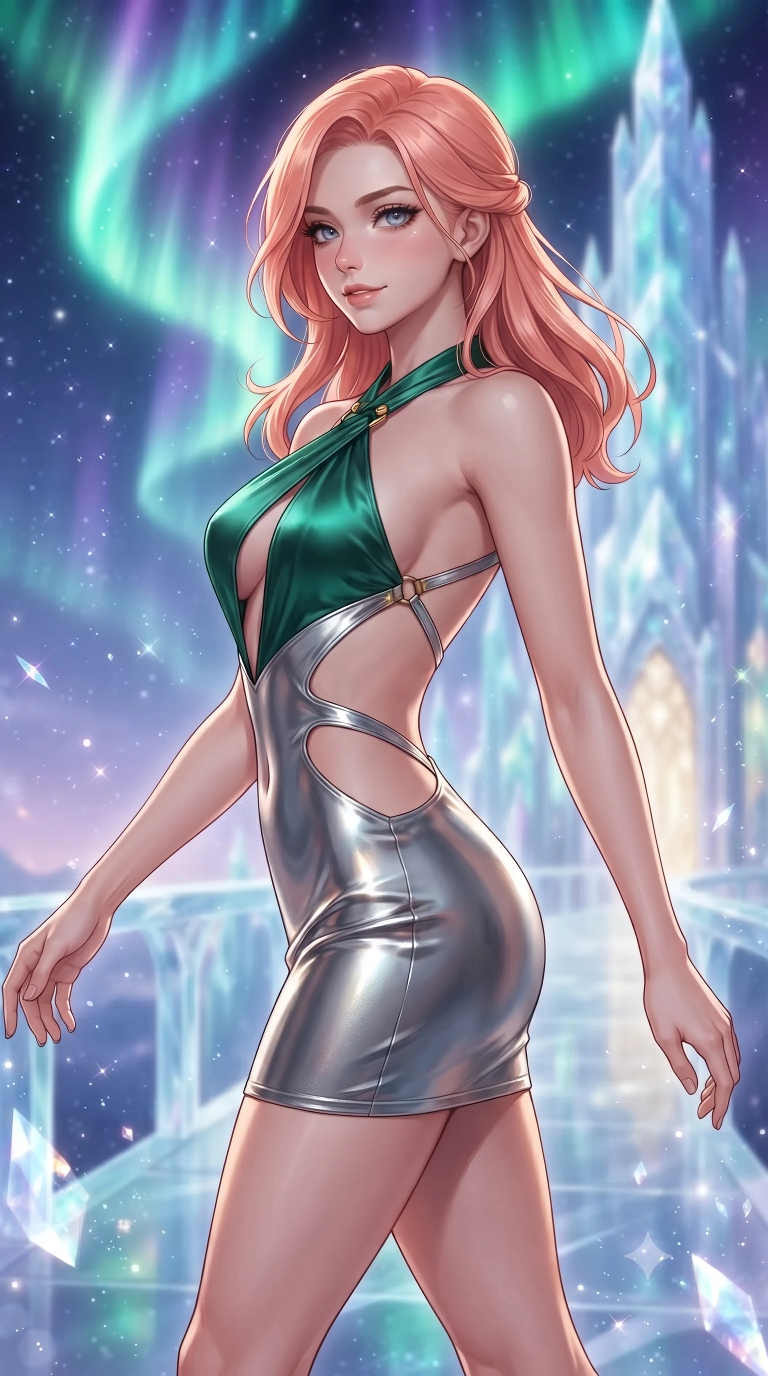 score_9, masterpiece, best quality, ultra-detailed, high-budget anime keyframe, editorial fashion photography, tasteful artistic composition, Japanese woman. close-up cowboy shot from the waist and thighs up, the character dominates the composition, filling the frame with her large presence. stretching forward with an alluring arch of her spine, glancing over her shoulder with thick eyelashes and a smoldering half-smile while striding gracefully along a translucent glacial bridge suspended beneath a swirling emerald aurora in a soaring crystal palace. The composition keeps background elements in soft focus with creamy bokeh. glistening diamond dust motes scattering crystalline light across a dreamy, starlit backdrop. She has an exceptionally elegant, slender, and willowy female figure with an ultra-slim waist, a gracefully sculpted slender torso, toned flat midriff, and a refined slim silhouette. sharp v-shaped jawline, high-bridge nose, intricate jewel-like eyes with depth, thick eyelashes, glossy lips with a natural sheen, flawlessly proportioned anatomical accuracy, strict slender model proportions, natural body alignment, perfectly sculpted long slender limbs, ultra-slim waistline, clean dynamic posture without body distortion. wearing a molten silver liquid-metal mini dress featuring deep side-waist cutouts and a daring crossover halter neckline in bright emerald green satin and gold hardware, made of liquid metal jersey that clings flawlessly to every contour of her build, complemented by criss-cross back straps highlighting her completely bare spine, the precision-cut daring openings accentuating her delicate midriff, graceful bare collarbones, and ultra-slim feminine waistline. bathed in glowing emerald and violet aurora borealis radiance and sparkling diamond-dust refractions. ultra-reflective glossy finish, specular highlights, metallic sheen, high-contrast stereoscopic depth, volumetric dynamic lighting, 2k, ultra detail, master piece, 9:16 ratio